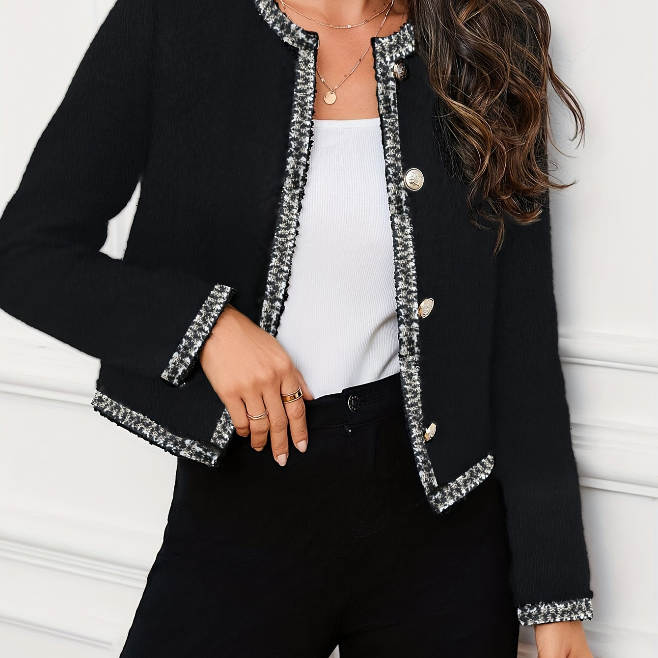 Trim Button Front Jacket, Elegant Long Sleeve Crew Neck Jacket For Fall, Women's Clothing
Trim Button Front Jacket, Elegant Long Sleeve Crew Neck Jacket For Fall, Women's Clothing
