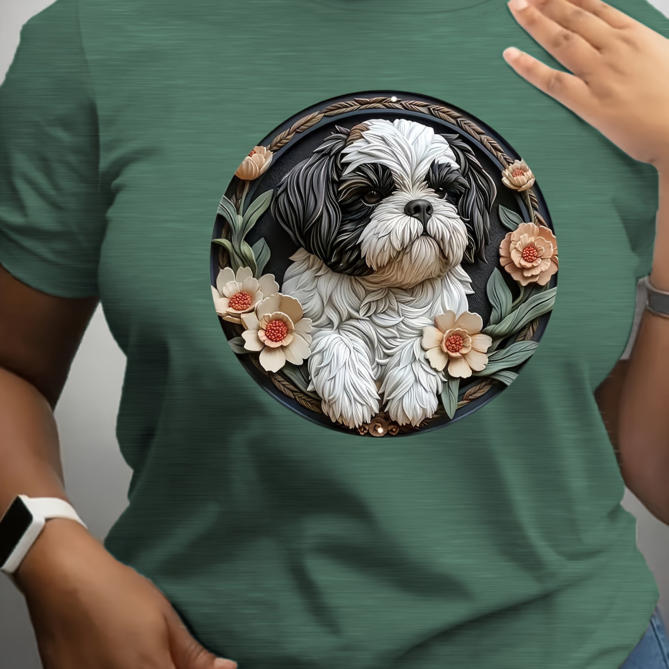 Dog & Floral Print T-shirt, Short Sleeve Crew Neck Casual Top For Summer & Spring, Women's Clothing
Dog & Floral Print T-shirt, Short Sleeve Crew Neck Casual Top For Summer & Spring, Women's Clothing