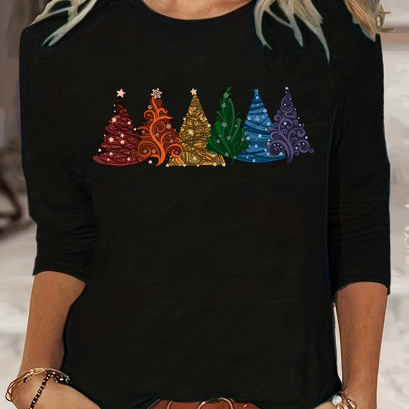 Plus Size Christmas Casual T-shirt, Women's Plus Tree Print Long Sleeve Round Neck Medium Stretch T-shirt
Plus Size Christmas Casual T-shirt, Women's Plus Tree Print Long Sleeve Round Neck Medium Stretch T-shirt