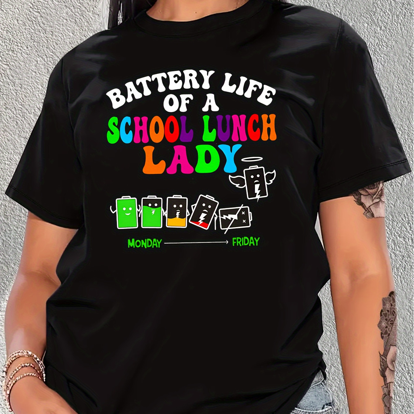 Women's Casual Sports T-shirt, Round Neck, Short Sleeve, Battery Pattern Printed Tee For Daily And Sports
Women's Casual Sports T-shirt, Round Neck, Short Sleeve, Battery Pattern Printed Tee For Daily And Sports