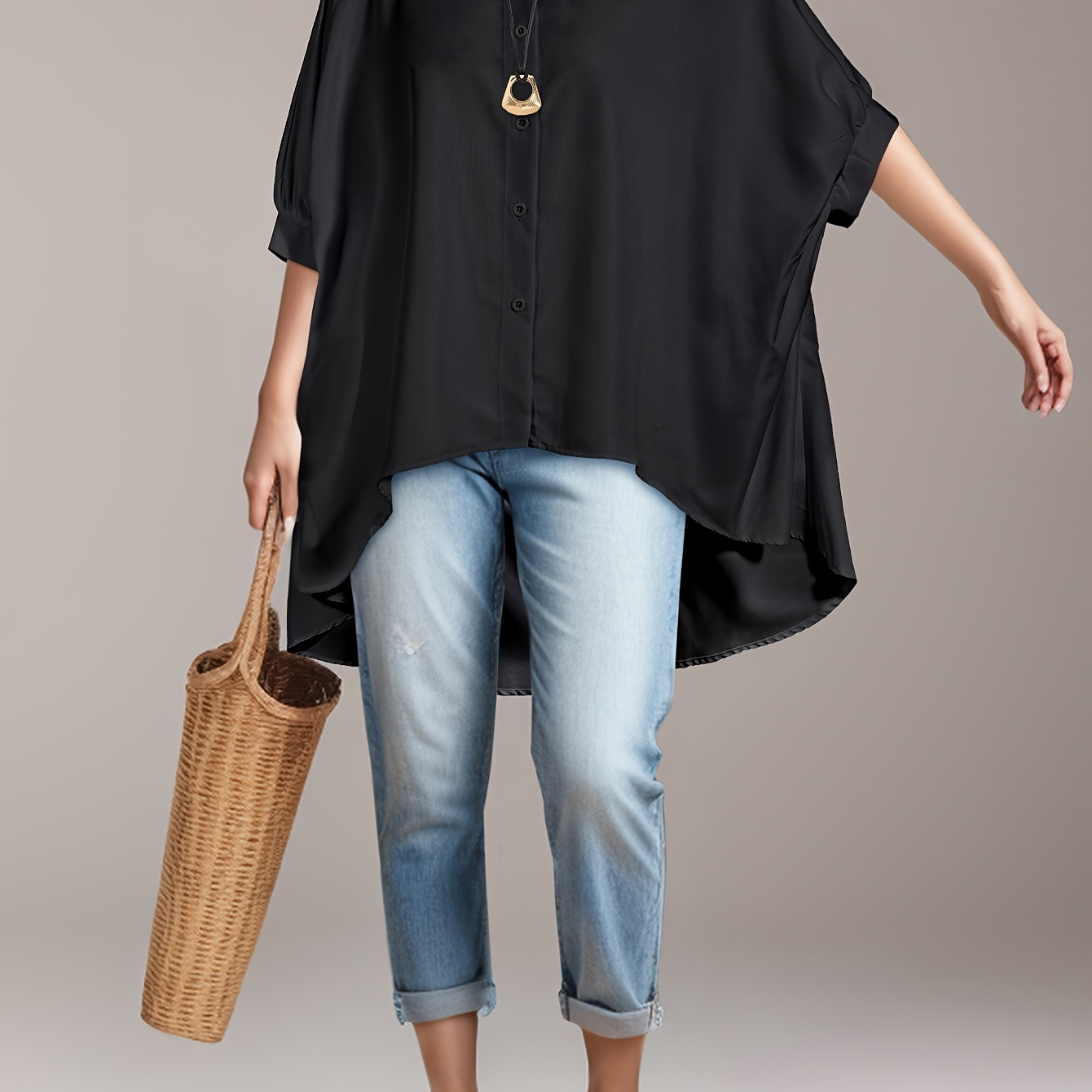 Single Breasted High Low Hem Blouse, Elegant Half Sleeve Solid Color Blouse For Spring & Fall, Women's Clothing
Single Breasted High Low Hem Blouse, Elegant Half Sleeve Solid Color Blouse For Spring & Fall, Women's Clothing