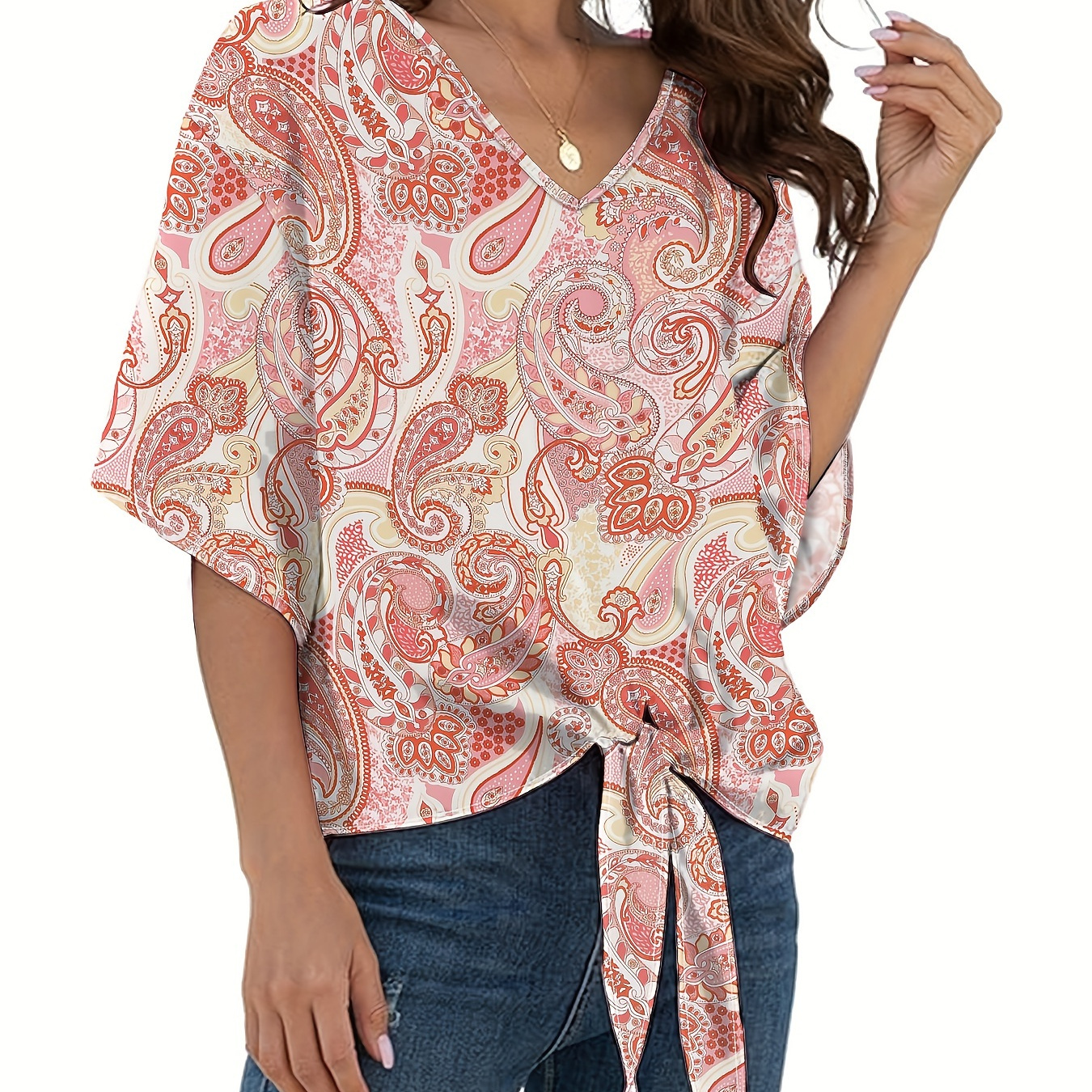 Plus Size Floral Print Blouse, Casual V Neck Batwing Sleeve Lace Up Blouse, Women's Plus Size clothing
Plus Size Floral Print Blouse, Casual V Neck Batwing Sleeve Lace Up Blouse, Women's Plus Size clothing