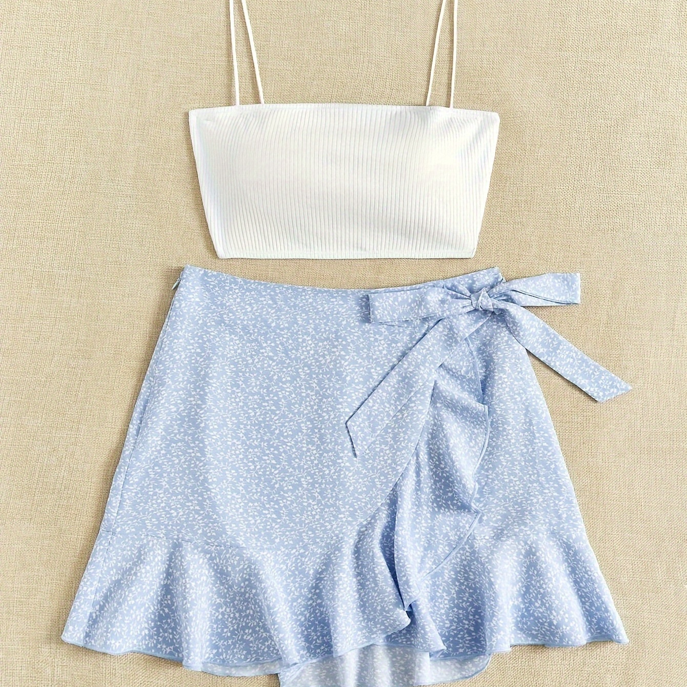 Floral Print Elegant Skirt Set, Solid Ribbed Backless Crop Cami Top & Ruffle Hem Knot Skirt Outfits For Spring & Summer, Women's Clothing
Floral Print Elegant Skirt Set, Solid Ribbed Backless Crop Cami Top & Ruffle Hem Knot Skirt Outfits For Spring & Summer, Women's Clothing