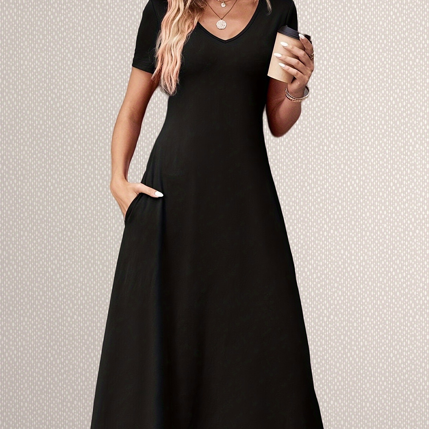 Solid Color V Neck A-line Dress, Casual Short Sleeve Ballerina Length Dress For Spring & Summer, Women's Clothing
Solid Color V Neck A-line Dress, Casual Short Sleeve Ballerina Length Dress For Spring & Summer, Women's Clothing