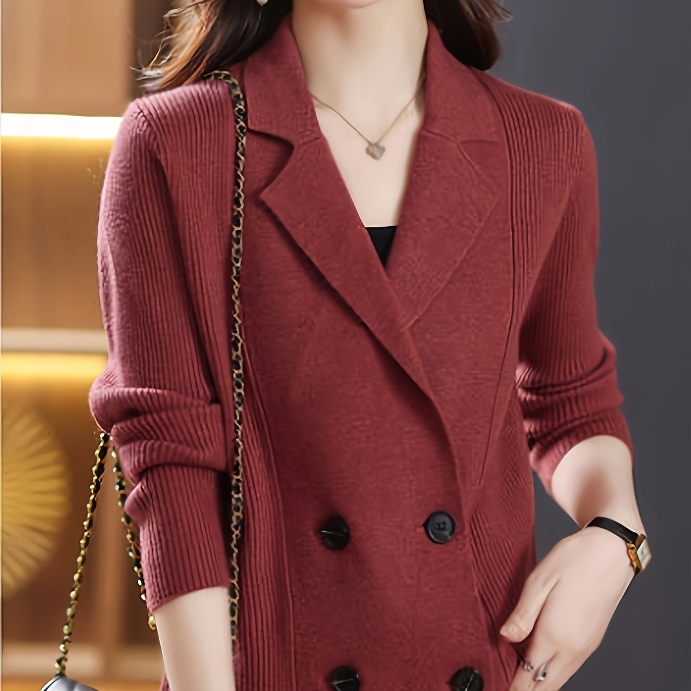 Double-breasted Notched Lapel Cardigan, Elegant Long Sleeve Blazer Cardigan For Fall & Winter, Women's Clothing
Double-breasted Notched Lapel Cardigan, Elegant Long Sleeve Blazer Cardigan For Fall & Winter, Women's Clothing