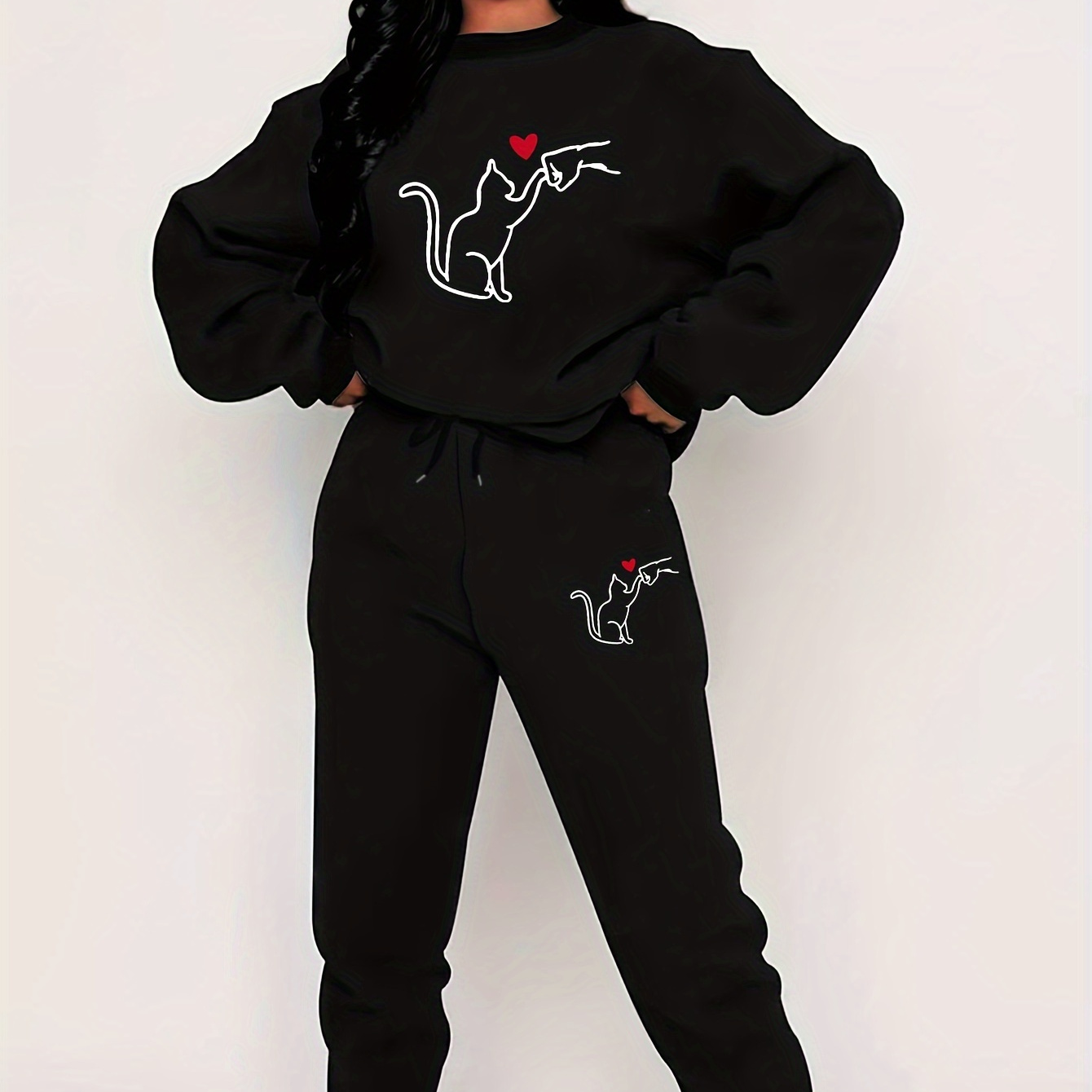 Women's Cozy Cat Two-piece Set - Casual Black Crew Neck Sweatshirt & Joggers With White Cat & , Long Sleeve, Polyester - Machine Washable For Fall/winter
Women's Cozy Cat Two-piece Set - Casual Black Crew Neck Sweatshirt & Joggers With White Cat & , Long Sleeve, Polyester - Machine Washable For Fall/winter