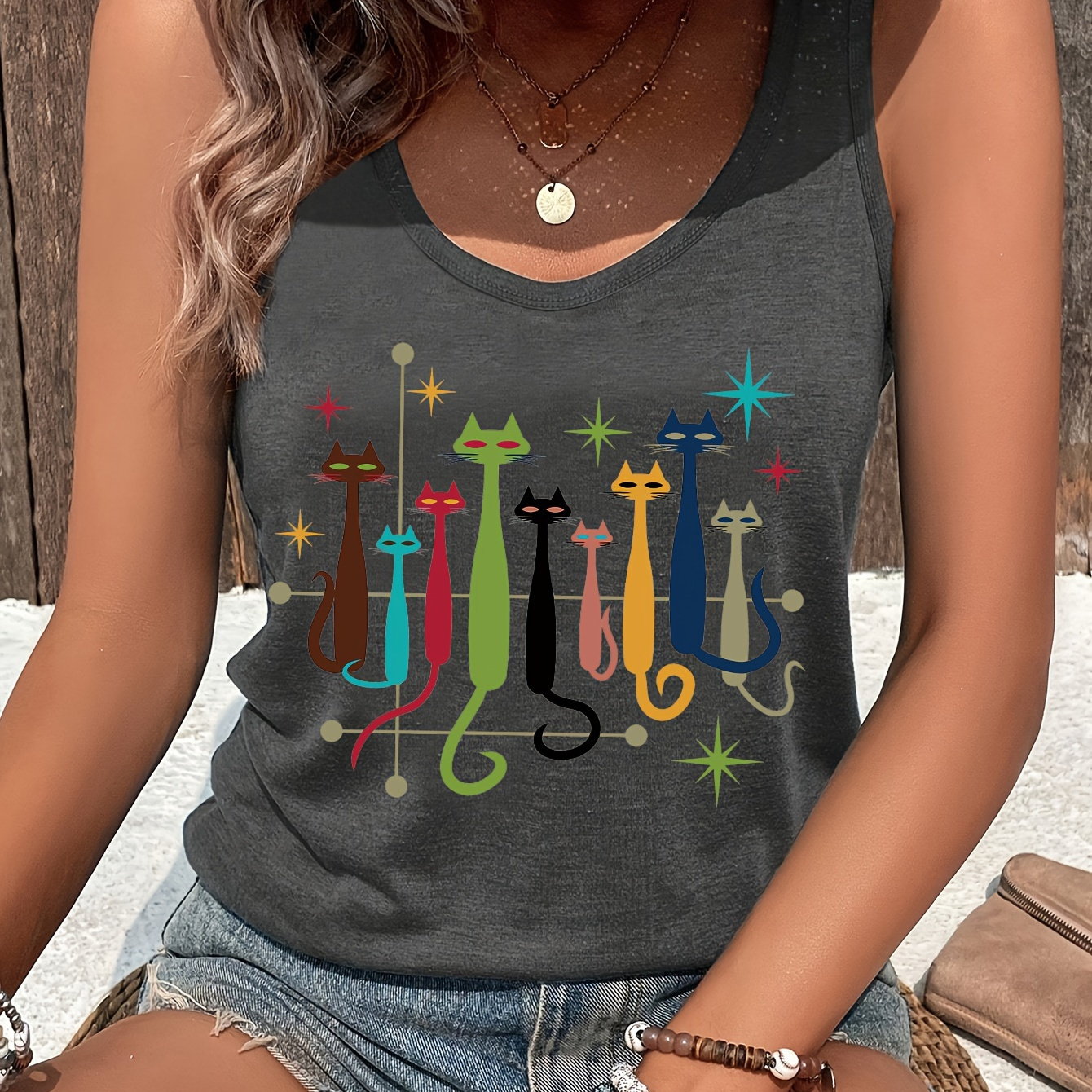 Cartoon Cat Print Tank Top, Sleeveless Crew Neck Casual Top For Summer & Spring, Women's Clothing
Cartoon Cat Print Tank Top, Sleeveless Crew Neck Casual Top For Summer & Spring, Women's Clothing