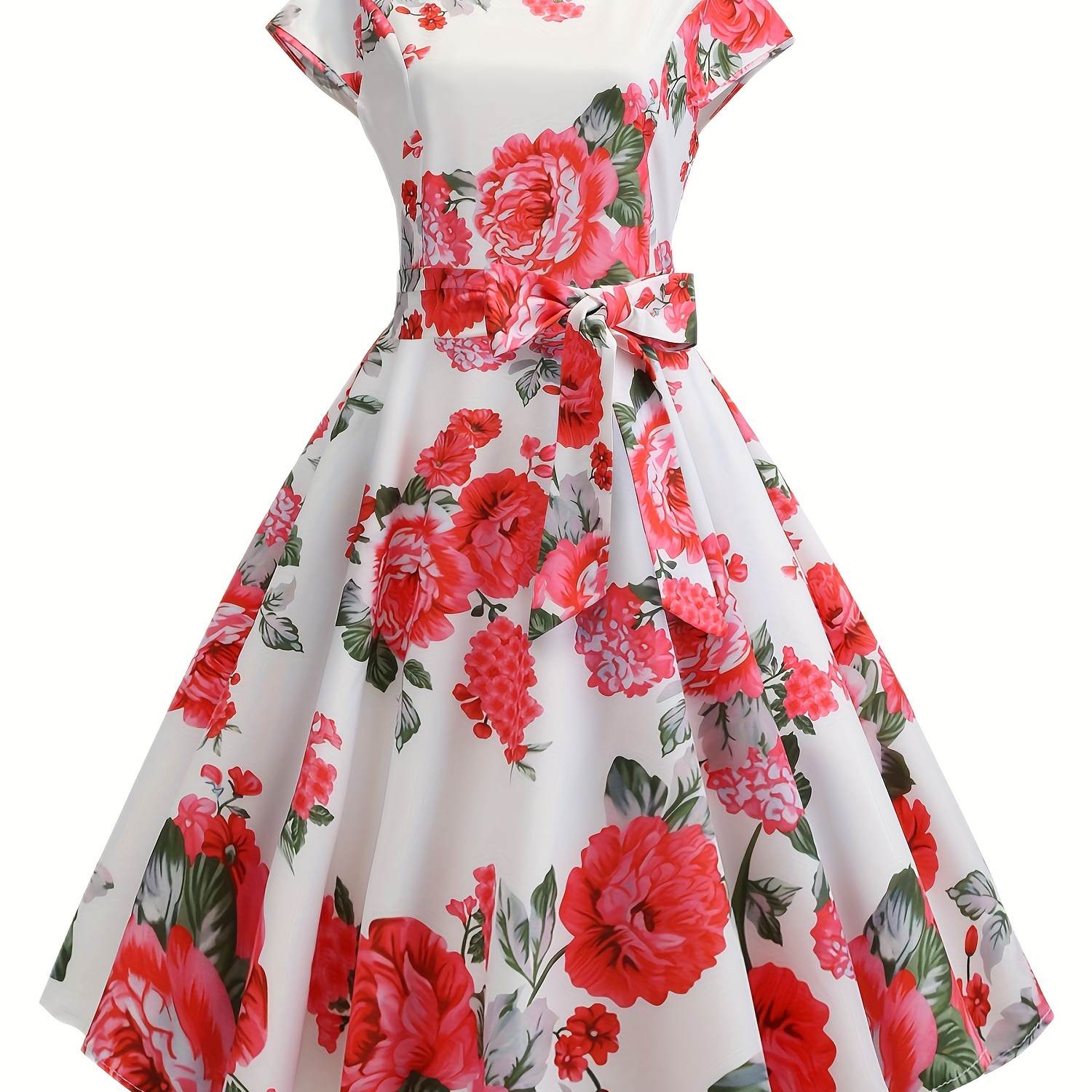 Floral Print Tie Waist Dress, Elegant Crew Neck Cap Sleeve Pleated Dress, Women's Clothing
Floral Print Tie Waist Dress, Elegant Crew Neck Cap Sleeve Pleated Dress, Women's Clothing