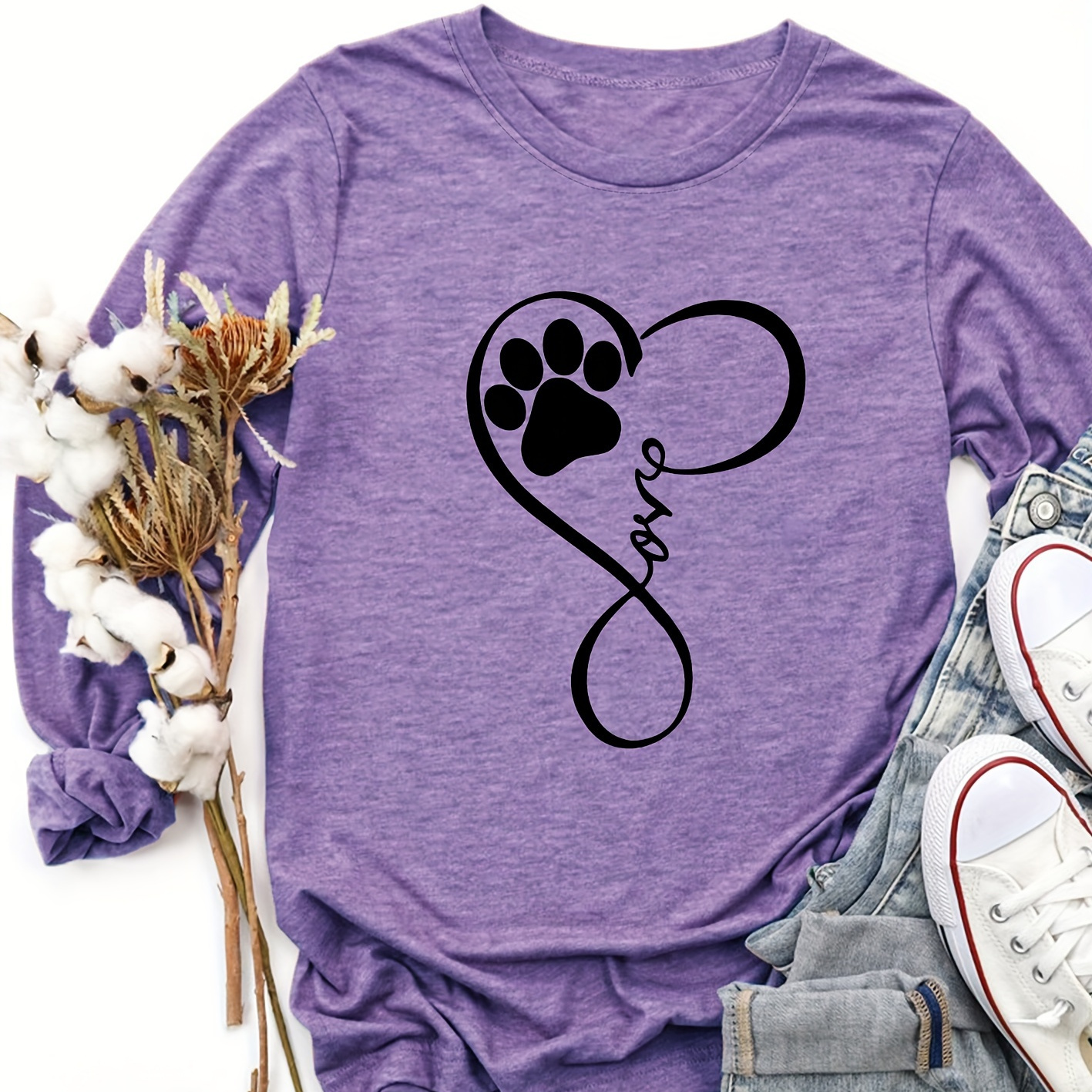 Fashionable Heart And Paw Pattern, Round Neck Long Sleeve T-shirt For Women, Suitable For Daily Wear And Sports
Fashionable Heart And Paw Pattern, Round Neck Long Sleeve T-shirt For Women, Suitable For Daily Wear And Sports