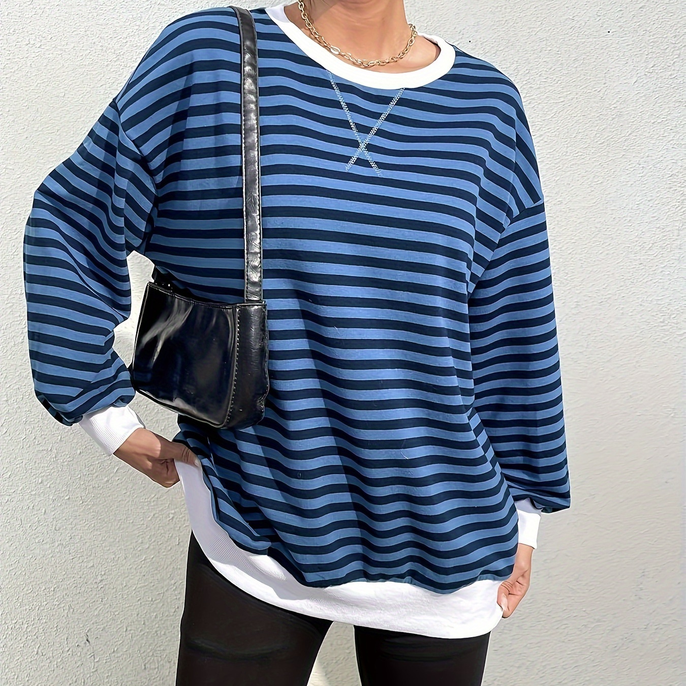 Striped Crew Neck Loose Sweatshirt, Casual Long Sleeve Drop Shoulder Sweatshirt, Women's Clothing
Striped Crew Neck Loose Sweatshirt, Casual Long Sleeve Drop Shoulder Sweatshirt, Women's Clothing
