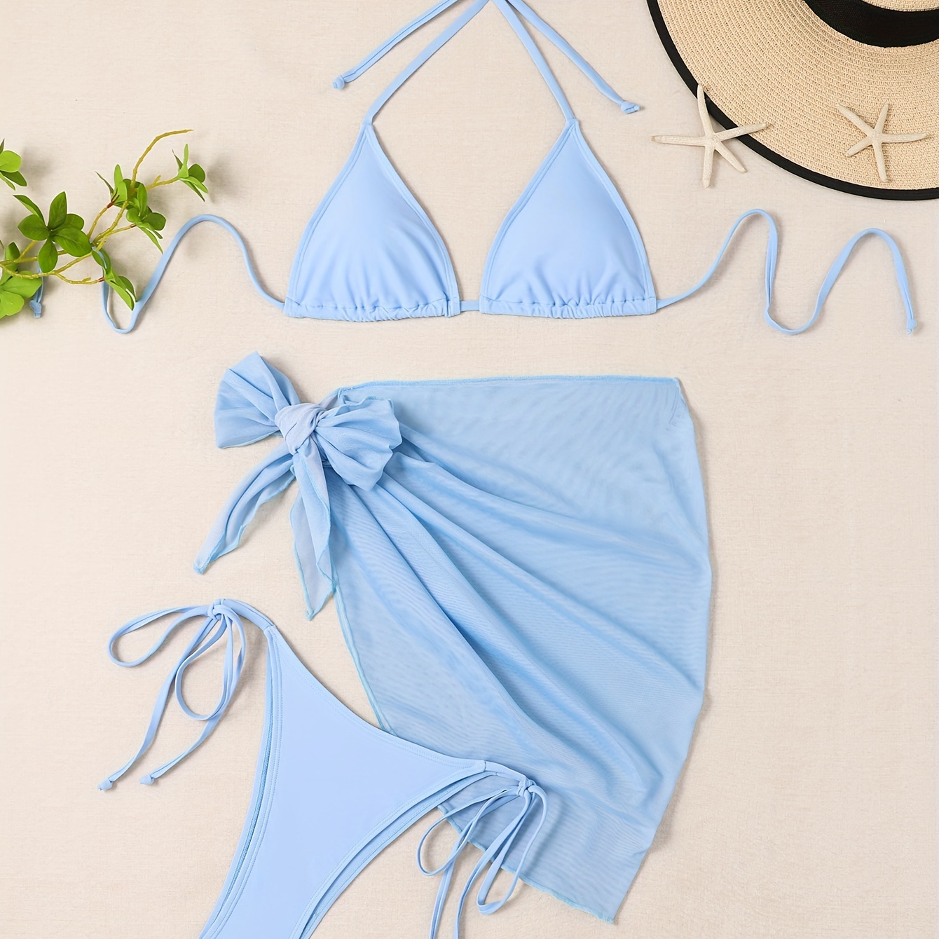 Women's Solid Color Bikini Set, 3 Pieces Swimwear With Halter Neck Top And High Cut Bottom With Wrap Skirt, Adjustable Straps, Summer Beachwear
Women's Solid Color Bikini Set, 3 Pieces Swimwear With Halter Neck Top And High Cut Bottom With Wrap Skirt, Adjustable Straps, Summer Beachwear