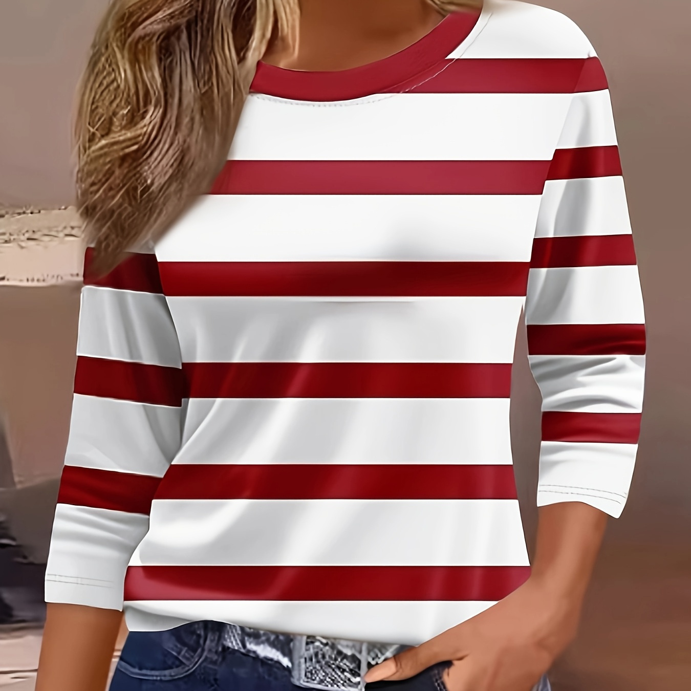 T-Shirt Décontracté pour Femme à Rayures, Manches 3/4, Col Rond, Coupe Régulière, Printemps/Été/Automne
T-Shirt Décontracté pour Femme à Rayures, Manches 3/4, Col Rond, Coupe Régulière, Printemps/Été/Automne