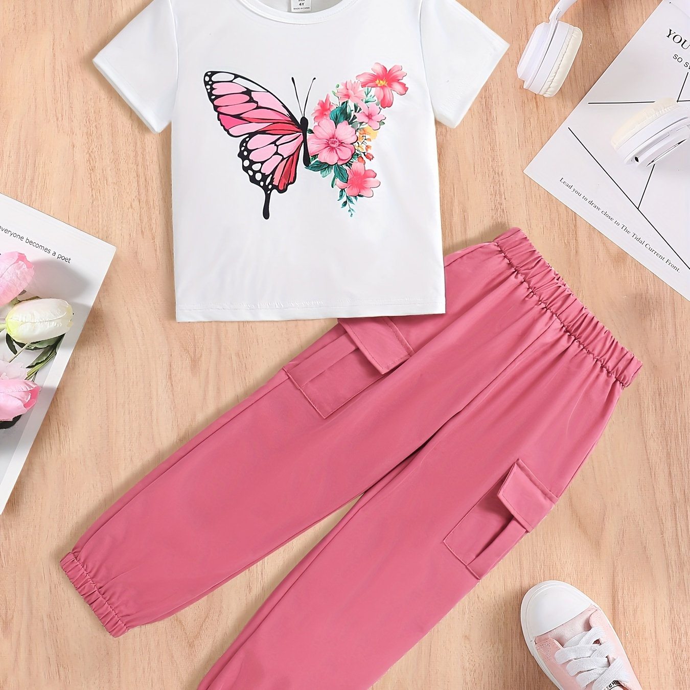 Cartoon Butterfly & Flowers Graphic Print, Girls' 2pcs/set Casual & Trendy Short Sleeve Tee & Cargo Pants With Flap Pockets For Summer
Cartoon Butterfly & Flowers Graphic Print, Girls' 2pcs/set Casual & Trendy Short Sleeve Tee & Cargo Pants With Flap Pockets For Summer