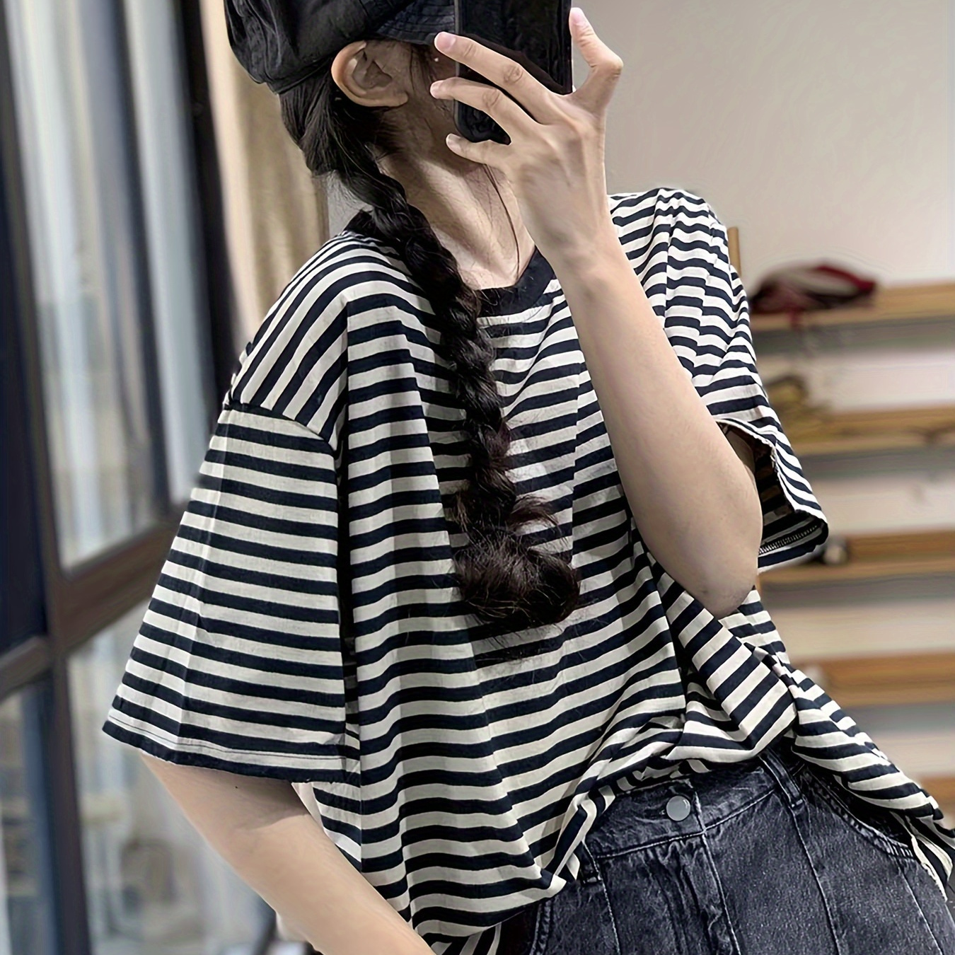 Striped Print Crew Neck T-shirt, Casual Drop Shoulder Oversized T-shirt For Spring & Summer, Women's Clothing
Striped Print Crew Neck T-shirt, Casual Drop Shoulder Oversized T-shirt For Spring & Summer, Women's Clothing