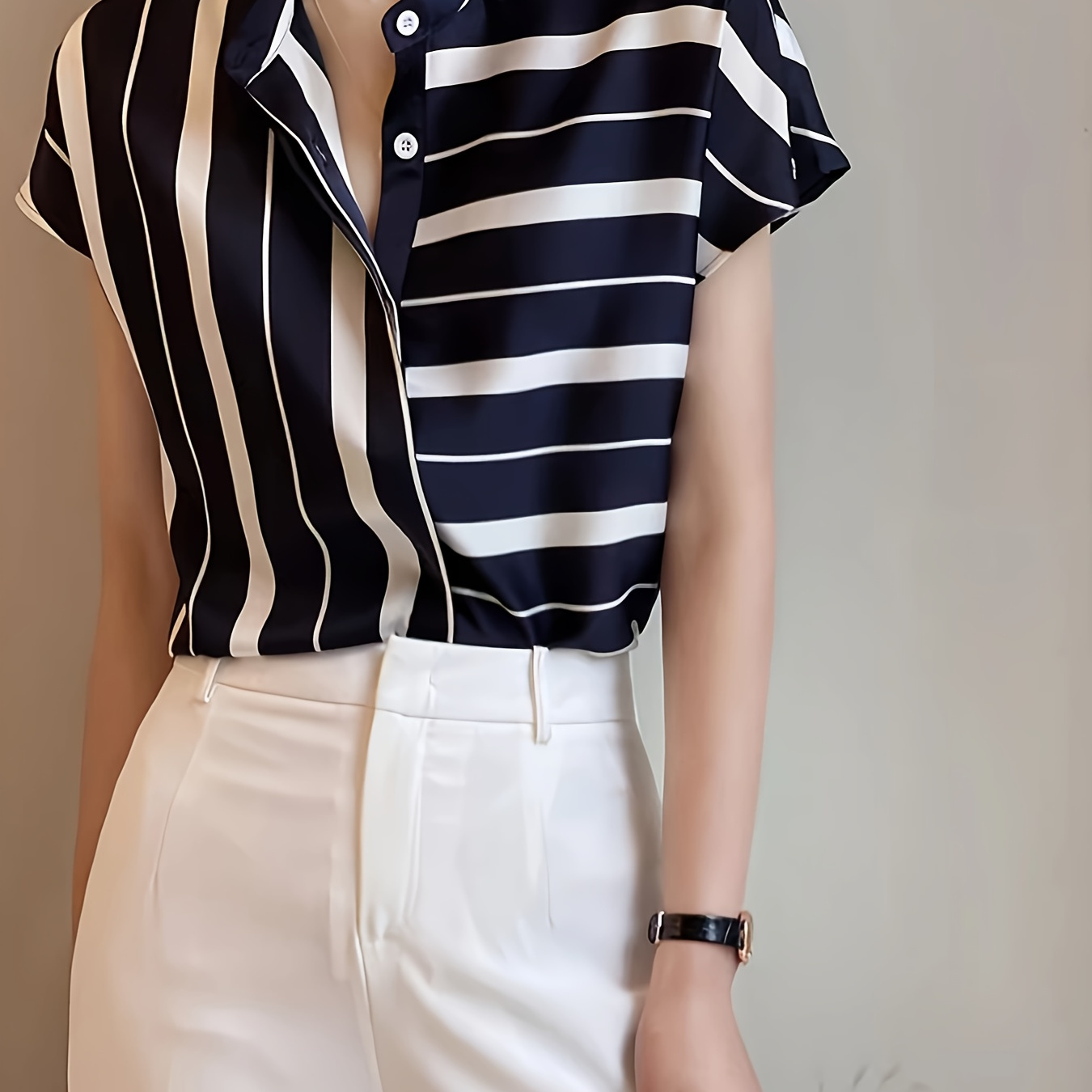 Striped Print Button Front Blouse, Casual Crew Neck Short Sleeve Blouse For Spring & Summer, Women's Clothing
Striped Print Button Front Blouse, Casual Crew Neck Short Sleeve Blouse For Spring & Summer, Women's Clothing