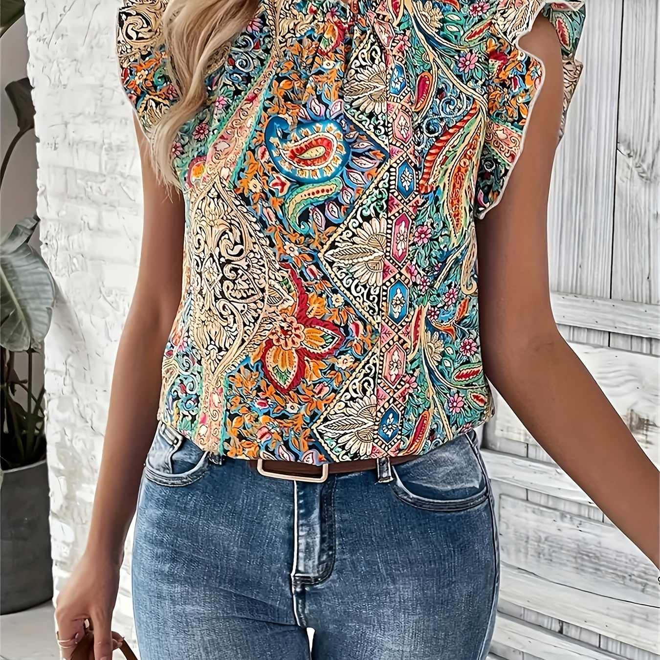 Paisley Print Ruffle Trim Blouse, Vintage Loose Blouse For Spring & Summer, Women's Clothing
Paisley Print Ruffle Trim Blouse, Vintage Loose Blouse For Spring & Summer, Women's Clothing