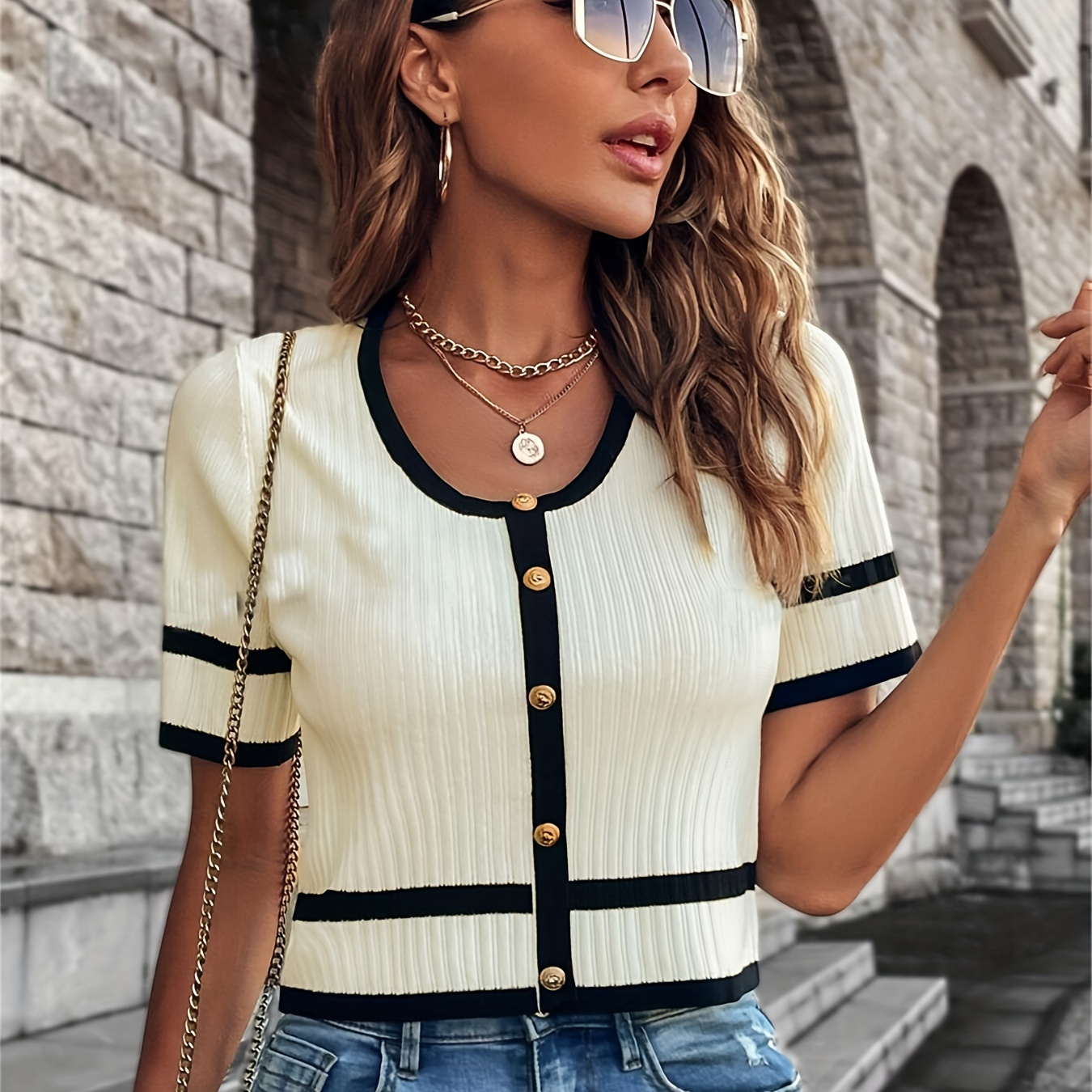 Contrast Trim Crew Neck Sweater, Casual Button Decor Short Sleeve Knit Top For Spring & Summer, Women's Clothing
Contrast Trim Crew Neck Sweater, Casual Button Decor Short Sleeve Knit Top For Spring & Summer, Women's Clothing
