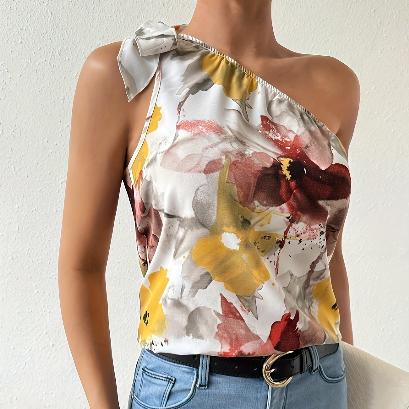 Floral Print 1 Shoulder Blouse, Elegant Bow Sleeveless Backless Asymmetrical Top, Women's Clothing
Floral Print 1 Shoulder Blouse, Elegant Bow Sleeveless Backless Asymmetrical Top, Women's Clothing