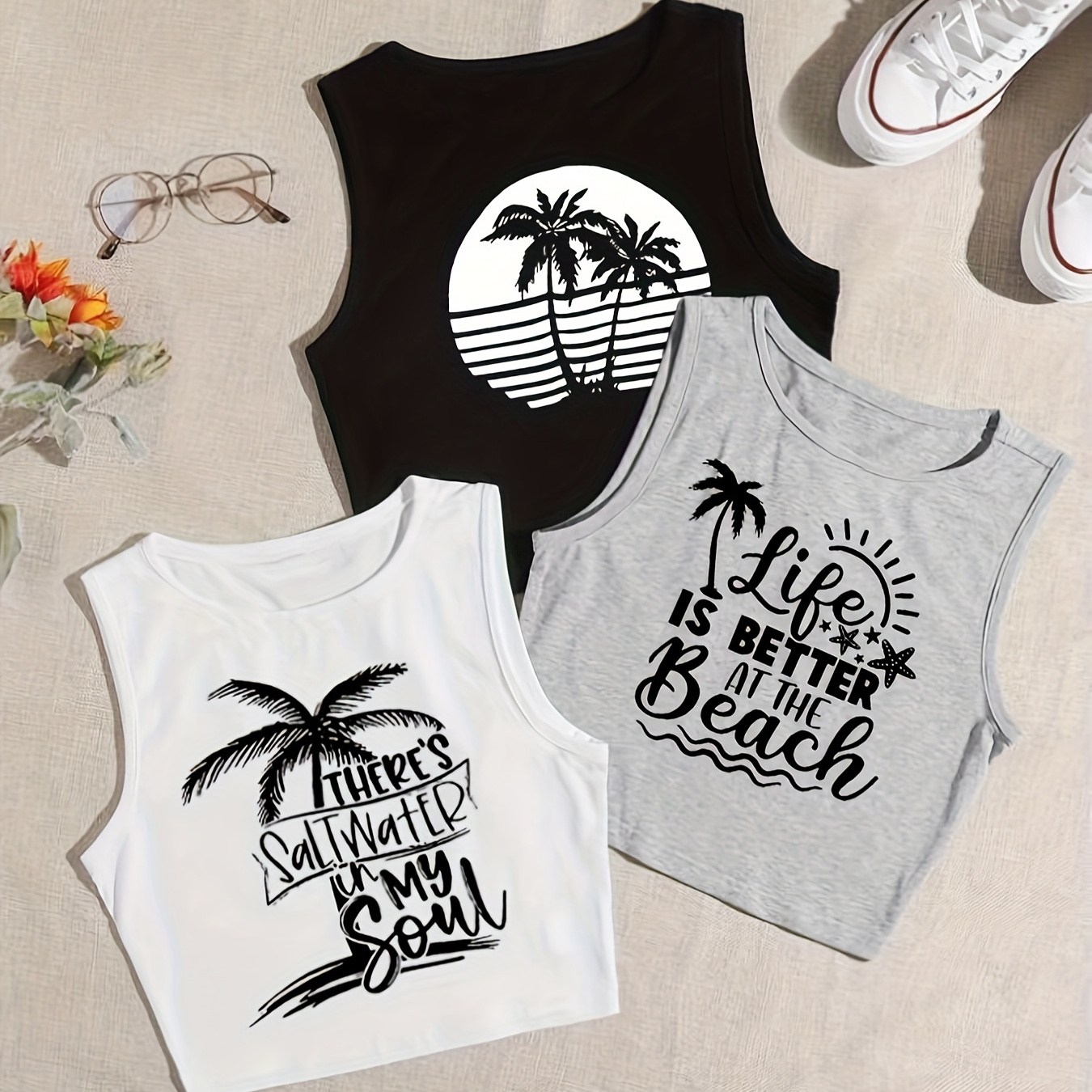 3 Pieces Coconut Tree Print Crop Tank Tops, Y2k Sleeveless Crew Neck Tank Tops For Summer, Women's Clothing
3 Pieces Coconut Tree Print Crop Tank Tops, Y2k Sleeveless Crew Neck Tank Tops For Summer, Women's Clothing
