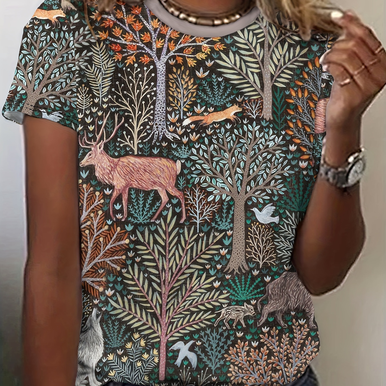 Forest Print Crew Neck T-shirt, Casual Short Sleeve Top For Spring & Summer, Women's Clothing
Forest Print Crew Neck T-shirt, Casual Short Sleeve Top For Spring & Summer, Women's Clothing