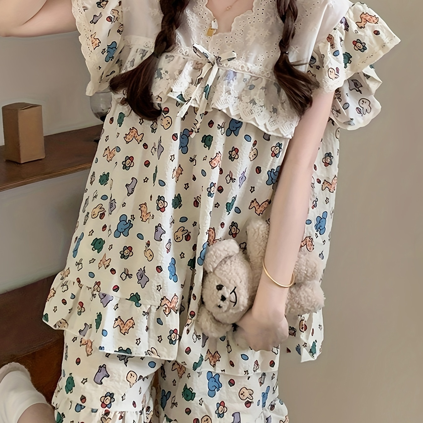 Allover Cartoon Print Contrast Lace Lounge Set, Cute Ruffle Sleeve V Neck Top & Shorts, Women's Loungewear
Allover Cartoon Print Contrast Lace Lounge Set, Cute Ruffle Sleeve V Neck Top & Shorts, Women's Loungewear