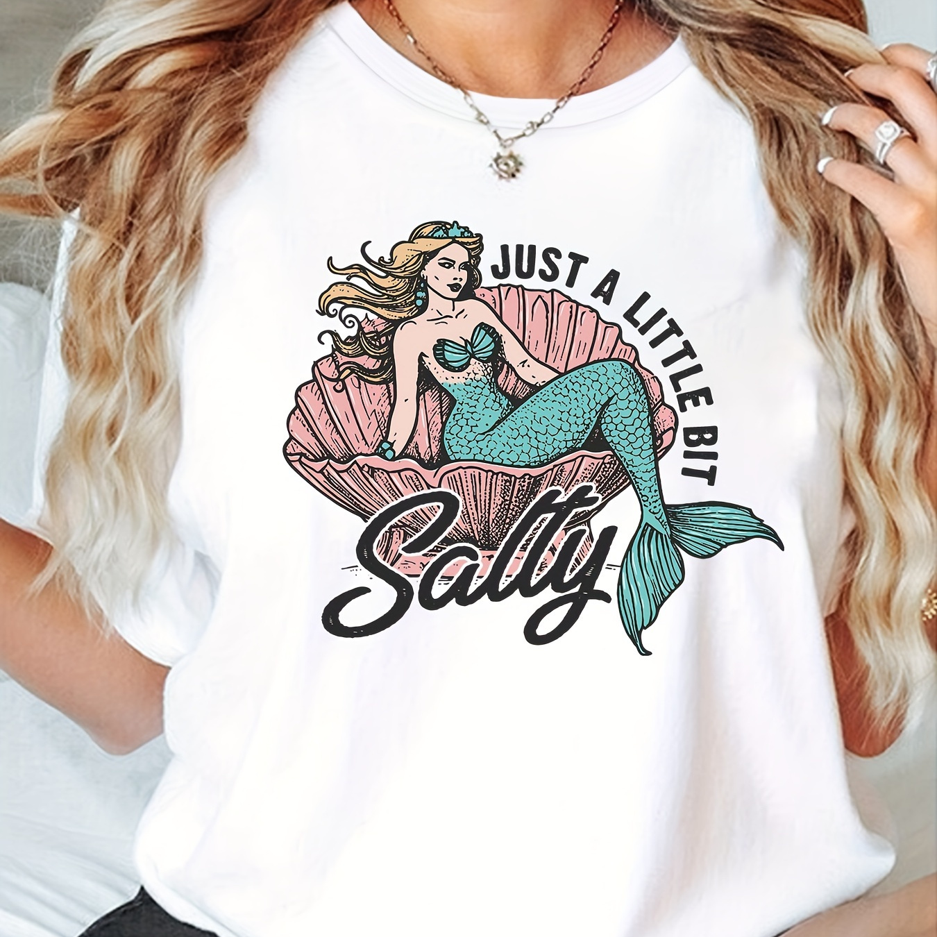 Women's Round Neck T-shirt With Shell Mermaid Print, Casual Short Sleeve Top For Spring & Summer, Sporty Everyday Wear
Women's Round Neck T-shirt With Shell Mermaid Print, Casual Short Sleeve Top For Spring & Summer, Sporty Everyday Wear