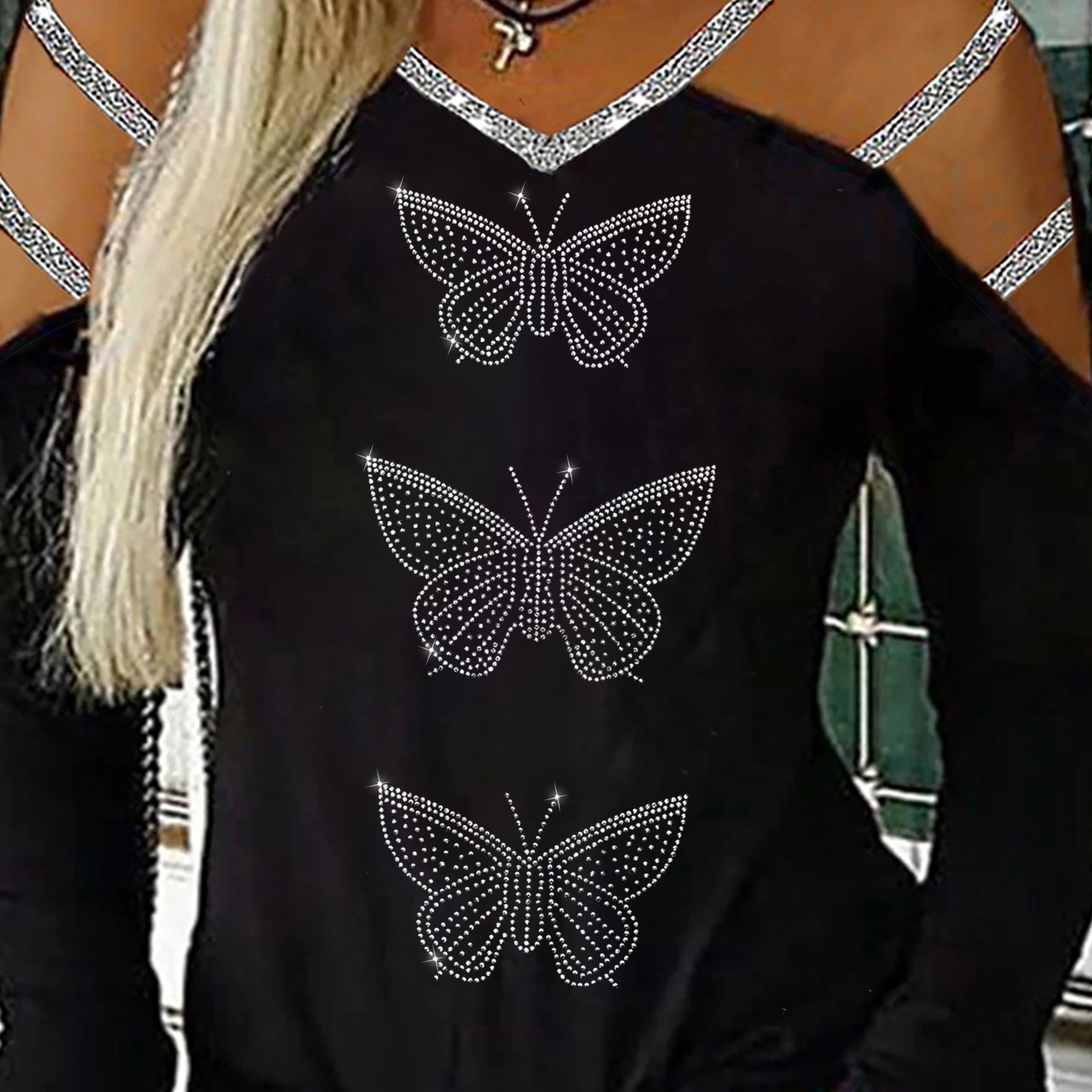 Plus Size Butterfly Rhinestone Top, Casual V Neck Cold Shoulder Top, Women's Plus Size clothing
Plus Size Butterfly Rhinestone Top, Casual V Neck Cold Shoulder Top, Women's Plus Size clothing