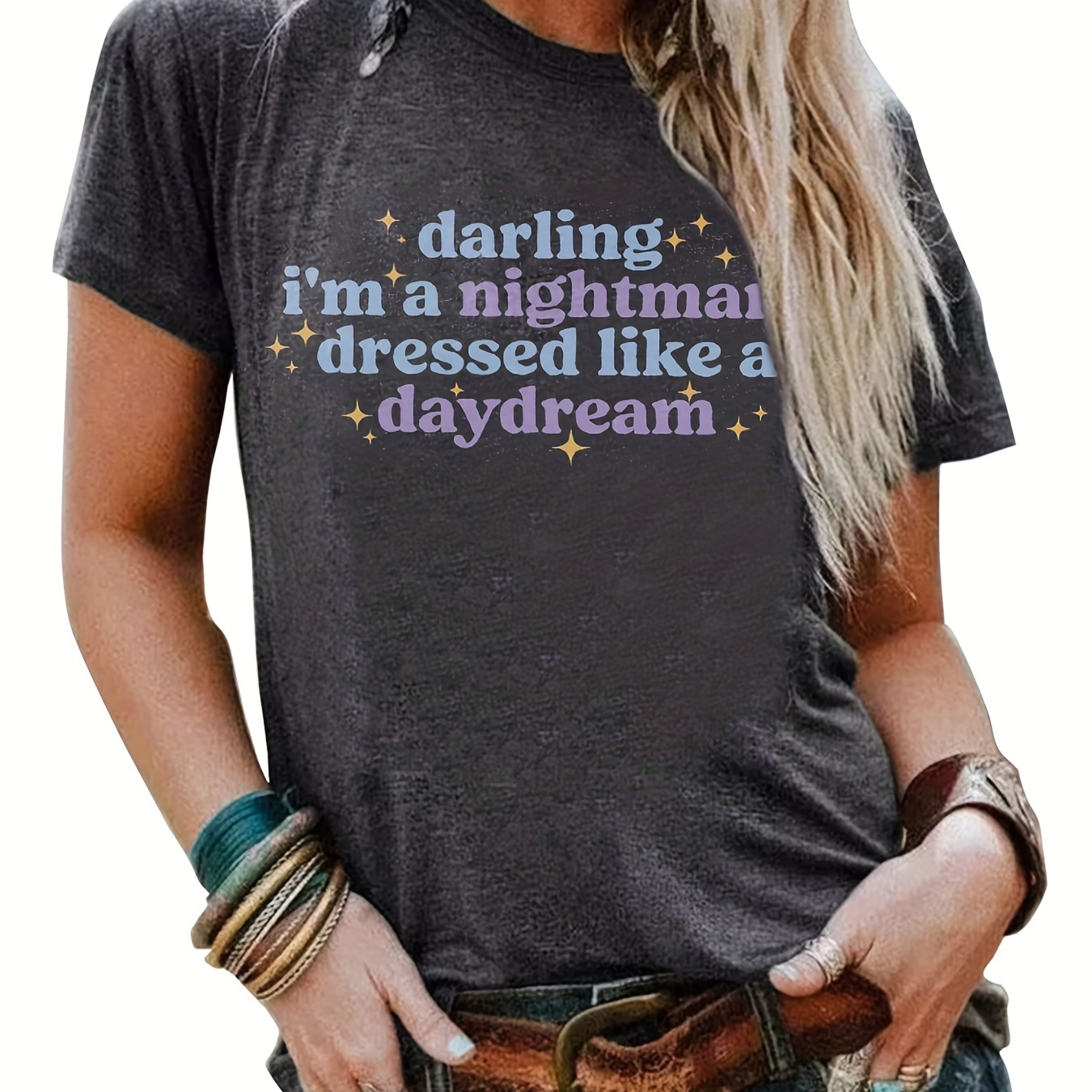 Slogan Print Crew Neck T-shirt, Casual Short Sleeve Top For Spring & Summer, Women's Clothing
Slogan Print Crew Neck T-shirt, Casual Short Sleeve Top For Spring & Summer, Women's Clothing