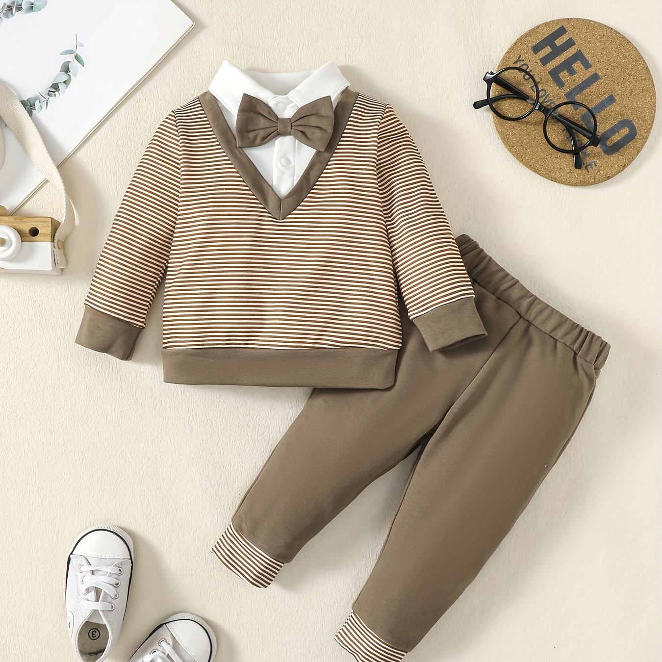 Boys Striped Preppy 2-piece Set With Bow Tie, Spring/fall Knit Fabric Pants And Top, Polyester And Spandex , Waist Pants, Regular Fit
Boys Striped Preppy 2-piece Set With Bow Tie, Spring/fall Knit Fabric Pants And Top, Polyester And Spandex , Waist Pants, Regular Fit