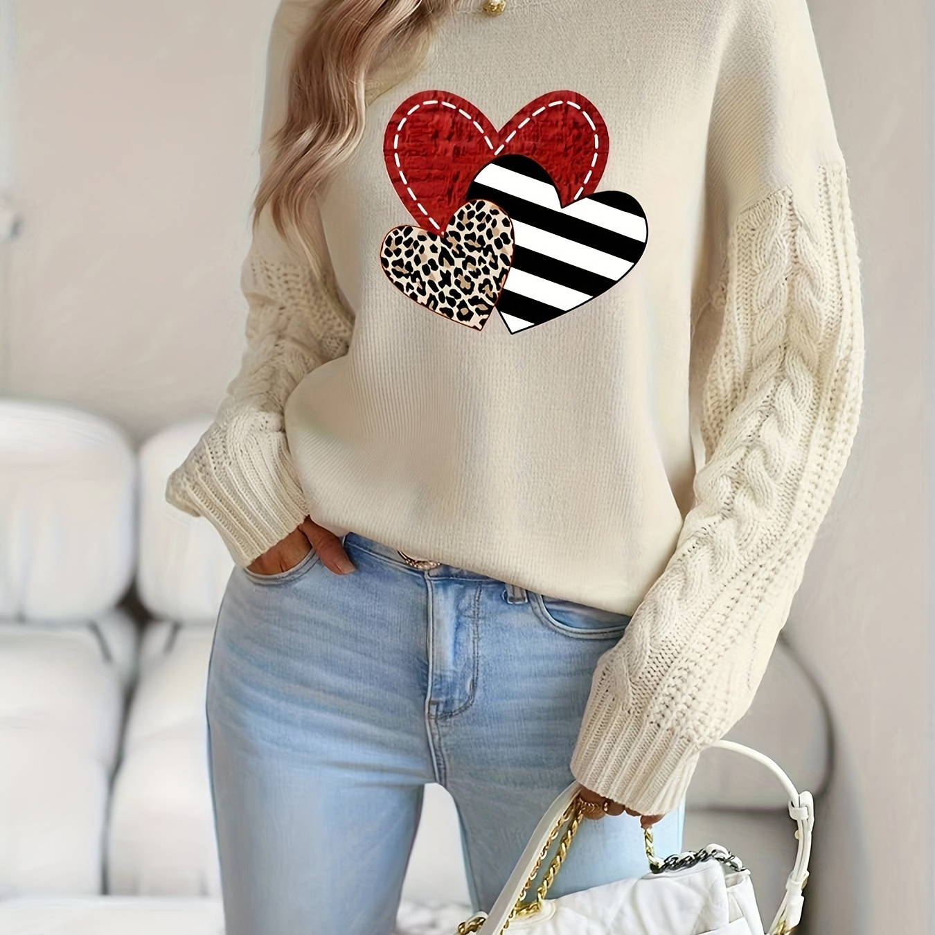 Heart Pattern Knitted Pullover Sweater, Casual Crew Neck Long Sleeve Sweater, Women's Clothing
Heart Pattern Knitted Pullover Sweater, Casual Crew Neck Long Sleeve Sweater, Women's Clothing