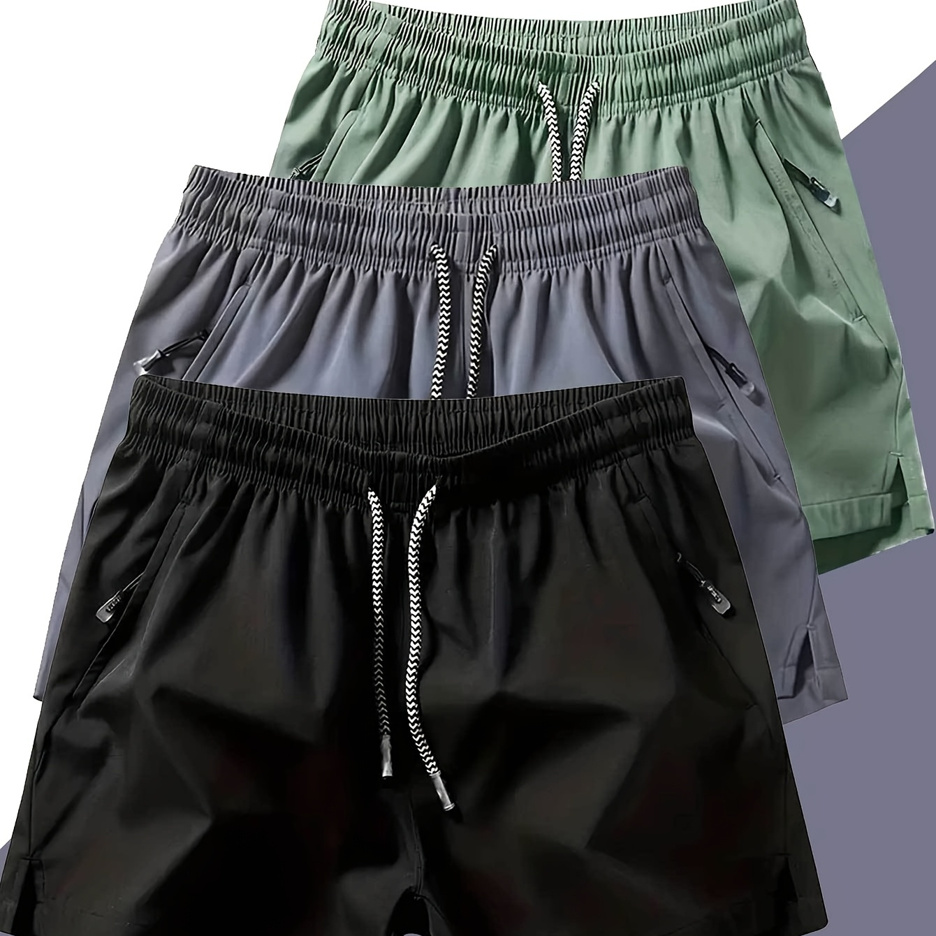 3 Pcs Men' Shorts With Zipper Pockets, Active Elastic Waist Drawstring Shorts For Summer Fitness
3 Pcs Men' Shorts With Zipper Pockets, Active Elastic Waist Drawstring Shorts For Summer Fitness