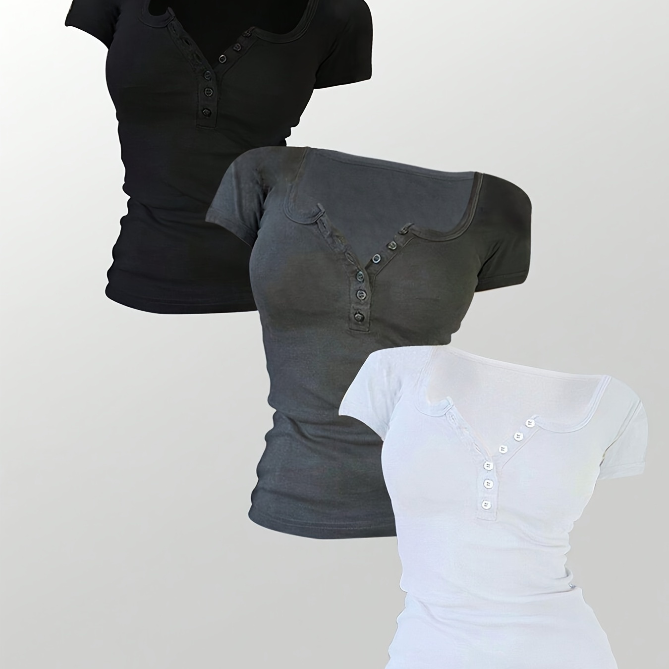 3 Pack Button Front Solid Color T-shirt, Casual Short Sleeve T-shirt For Spring & Summer, Women's Clothing
3 Pack Button Front Solid Color T-shirt, Casual Short Sleeve T-shirt For Spring & Summer, Women's Clothing