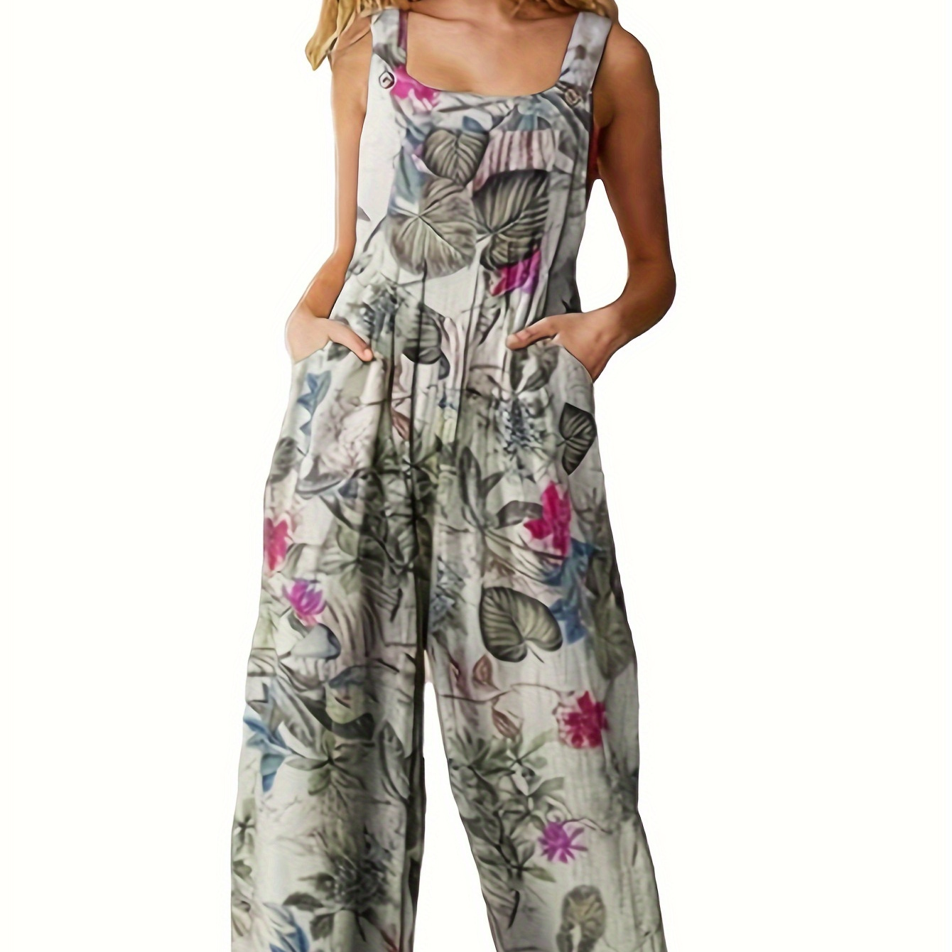 Floral Print Overall Jumpsuit, Casual Square Neck Side Pockets Button Decor Sleeveless Overall Jumpsuit For Spring & Summer, Women's Clothing
Floral Print Overall Jumpsuit, Casual Square Neck Side Pockets Button Decor Sleeveless Overall Jumpsuit For Spring & Summer, Women's Clothing