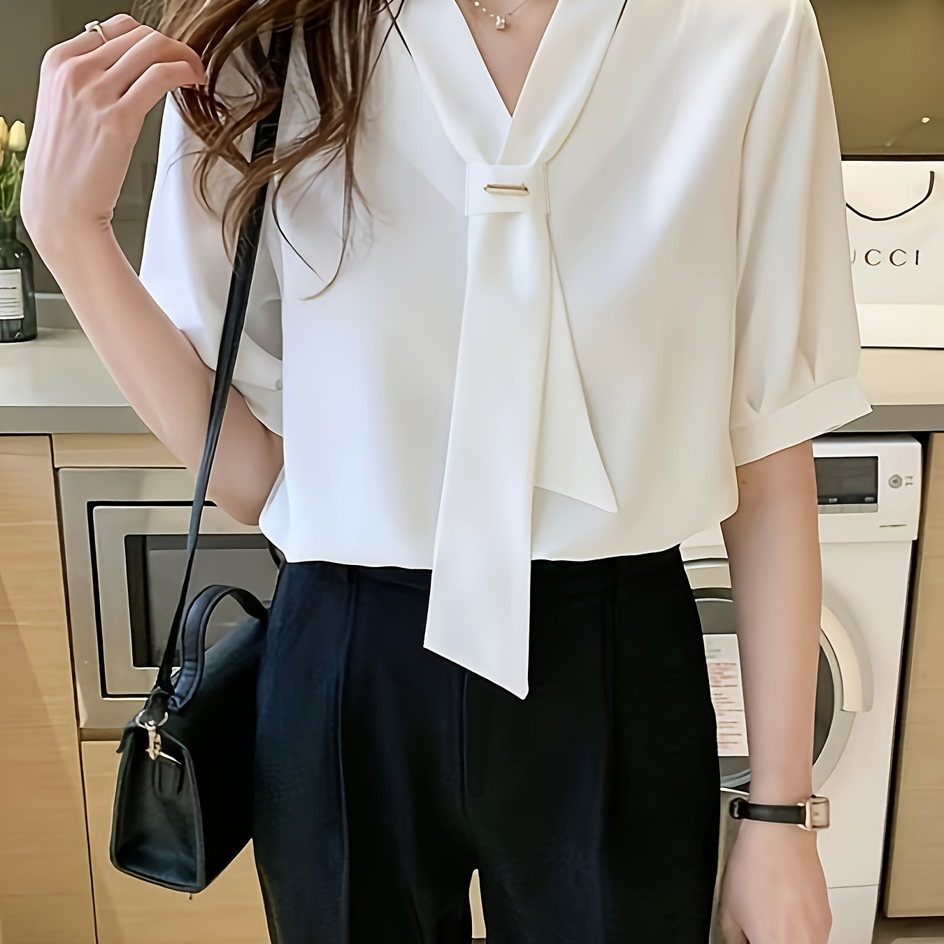 Solid Color Tie-neck Blouse, Elegant Short Sleeve Blouse For Spring & Summer, Women's Clothing
Solid Color Tie-neck Blouse, Elegant Short Sleeve Blouse For Spring & Summer, Women's Clothing