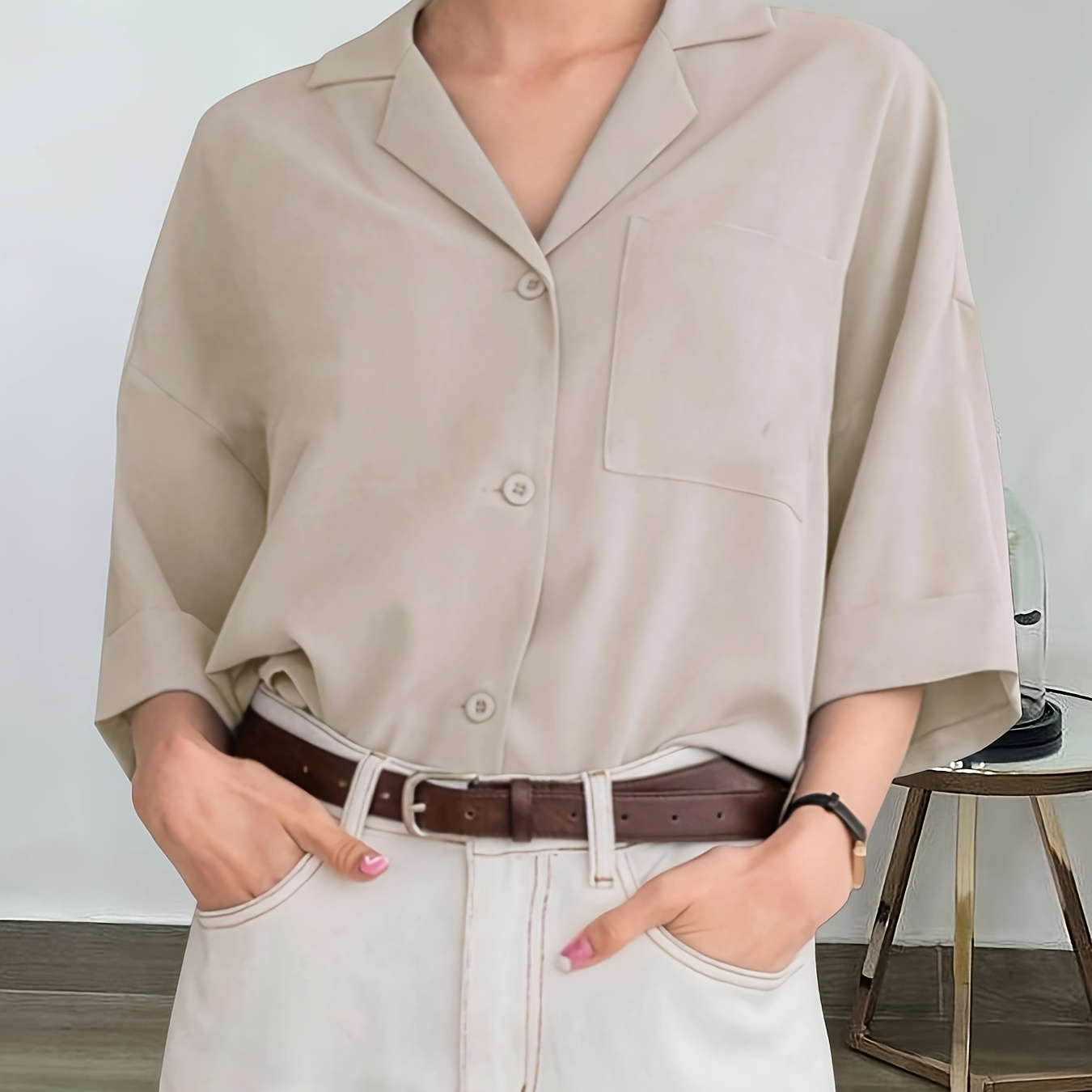 Lapel Collar Button Front Shirt, Casual Half Sleeve Pocket Top For Spring & Summer, Women's Clothing
Lapel Collar Button Front Shirt, Casual Half Sleeve Pocket Top For Spring & Summer, Women's Clothing