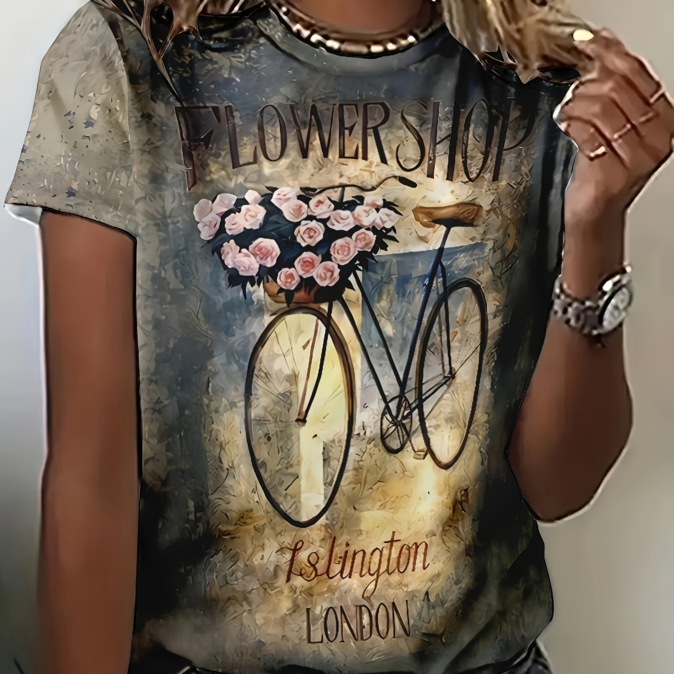 Women's 3d Fashion Print T-shirt With Bicycle & Flower Oil Painting Style Pattern, Casual Short Sleeve Top For Streetwear
Women's 3d Fashion Print T-shirt With Bicycle & Flower Oil Painting Style Pattern, Casual Short Sleeve Top For Streetwear