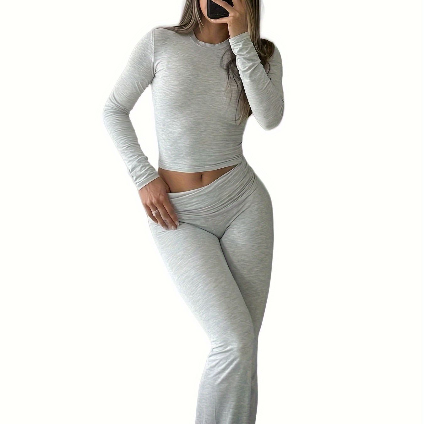 Solid Color Spring Casual Pants Set, Crew Neck Long Sleeve Slim Top & Flare Leg Pants Outfits, Women's Clothing
Solid Color Spring Casual Pants Set, Crew Neck Long Sleeve Slim Top & Flare Leg Pants Outfits, Women's Clothing