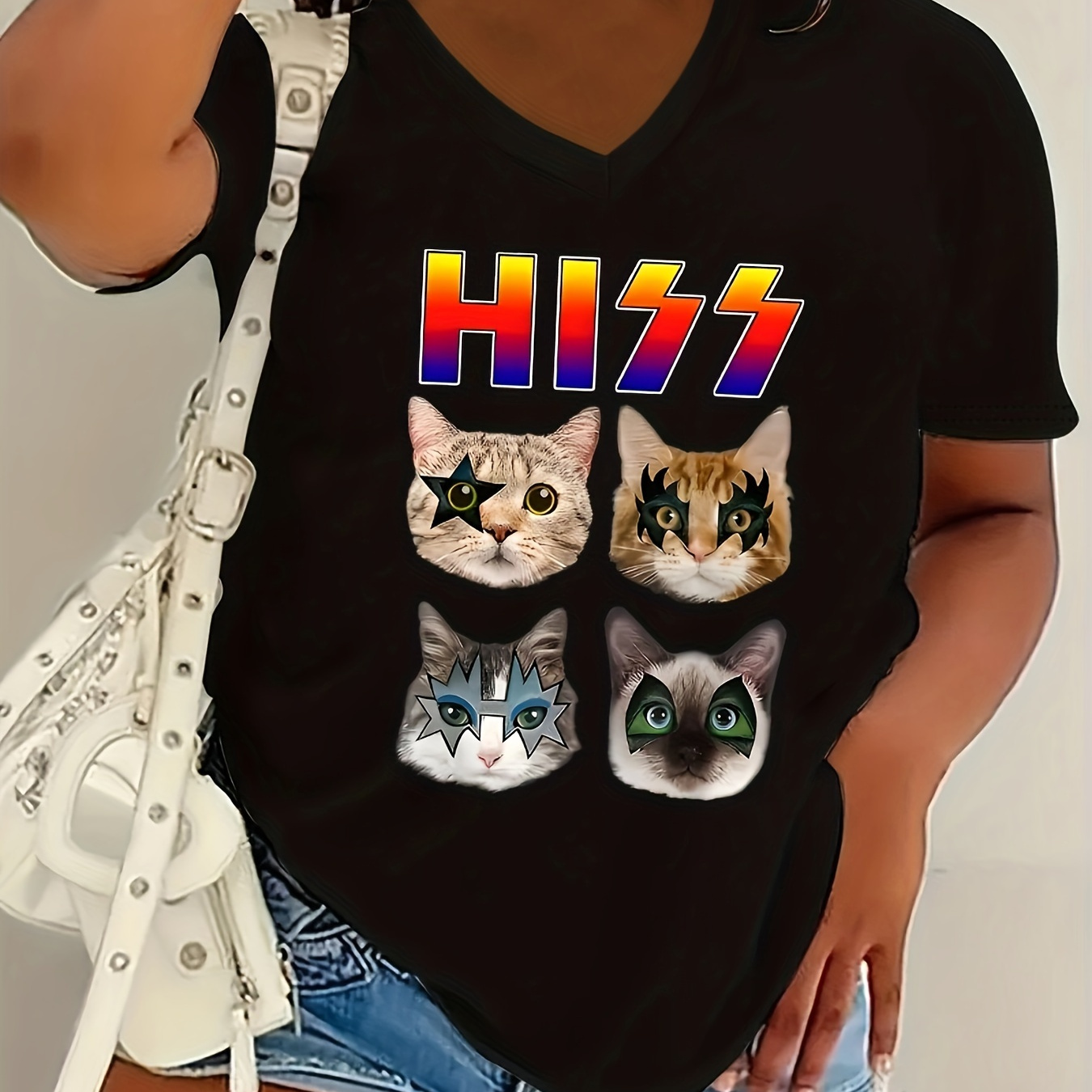 Plus Size Cat Print T-shirt, Casual V Neck Short Sleeve T-shirt, Women's Plus Size clothing
Plus Size Cat Print T-shirt, Casual V Neck Short Sleeve T-shirt, Women's Plus Size clothing