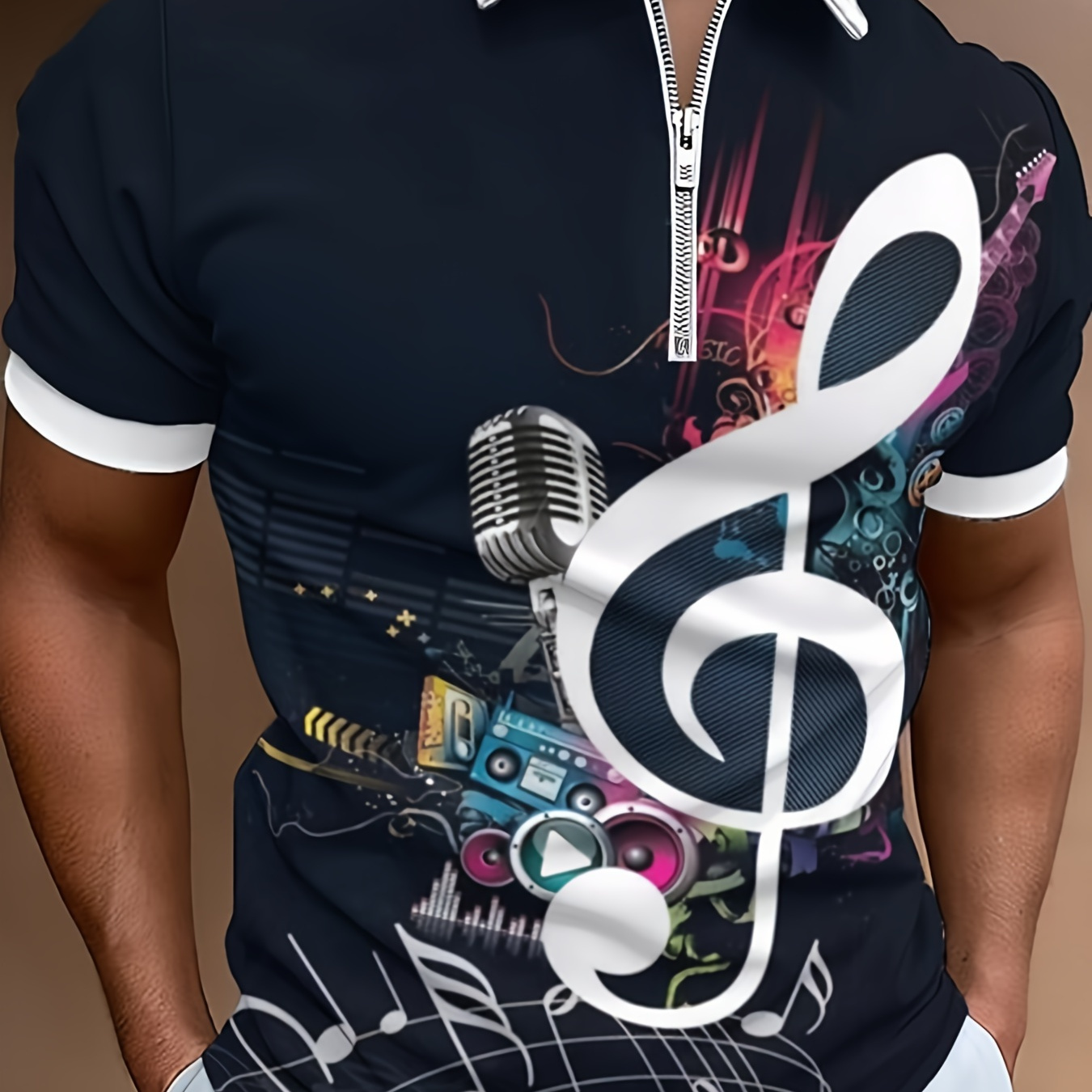 Music Notes And Microphone Pattern Men's Novelty Color Block Short Sleeve Zipper Lapel Shirt, Comfy Male Shirt For Summer Outdoor
Music Notes And Microphone Pattern Men's Novelty Color Block Short Sleeve Zipper Lapel Shirt, Comfy Male Shirt For Summer Outdoor