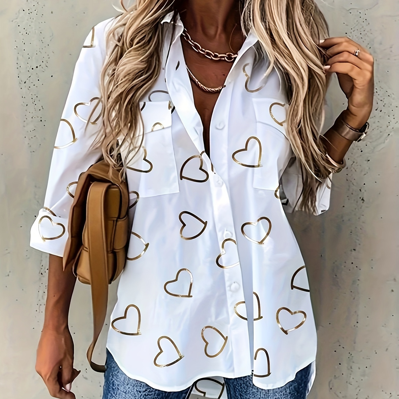 Heart Print Button Front Shirt, Casual Long Sleeve Dual Pockets Blouse For Spring & Fall, Women's Clothing
Heart Print Button Front Shirt, Casual Long Sleeve Dual Pockets Blouse For Spring & Fall, Women's Clothing