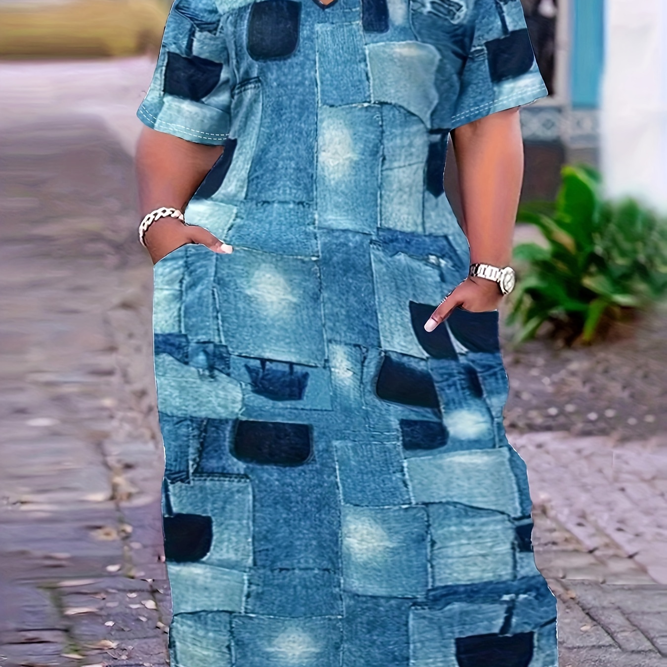 Plus Size Patchwork Print Pocket Dress, Casual Short Sleeve Dress For Spring & Summer, Women's Plus Size Clothing
Plus Size Patchwork Print Pocket Dress, Casual Short Sleeve Dress For Spring & Summer, Women's Plus Size Clothing