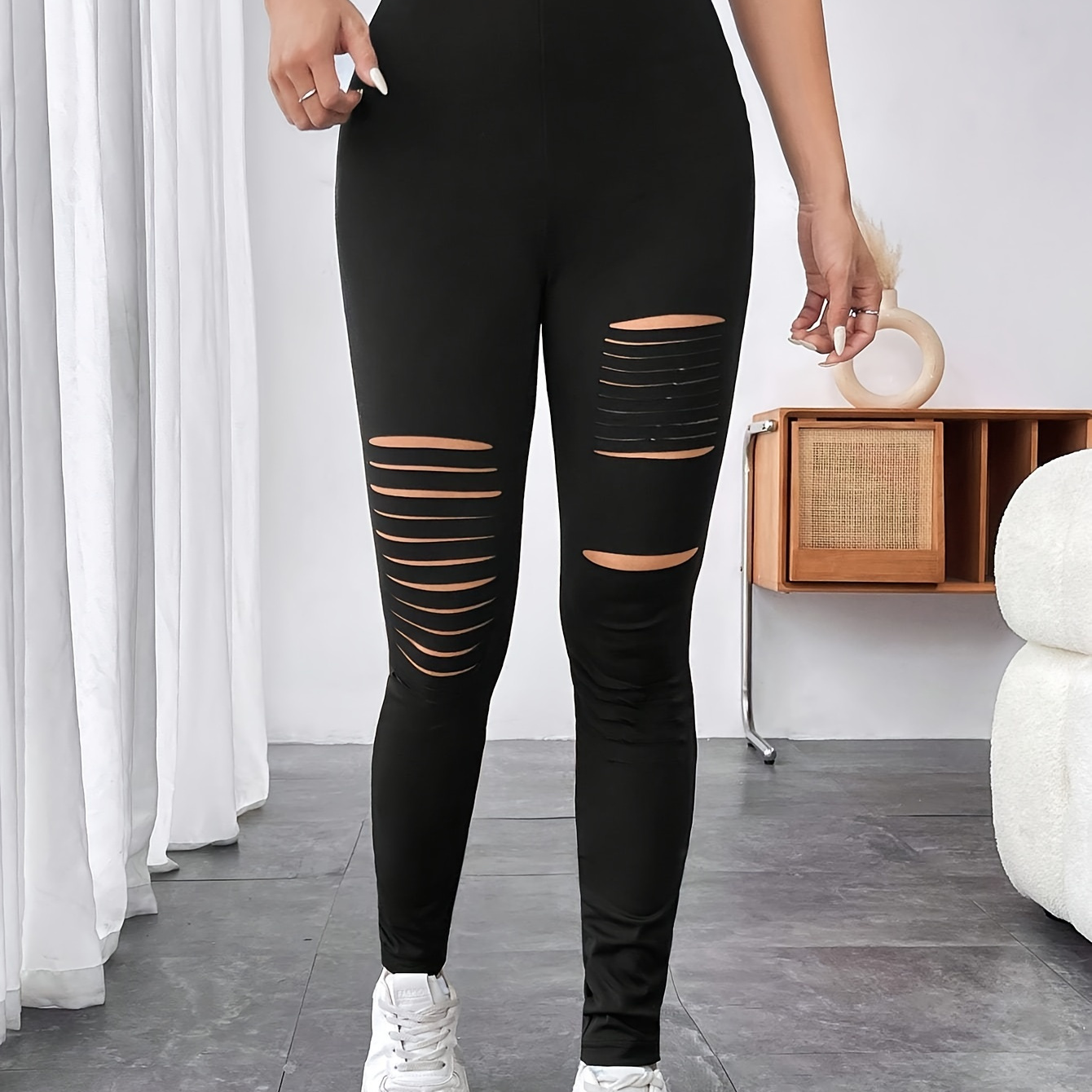 Ripped High Waist Skinny Pants, Casual High Waist Solid Color Pants For Spring & Summer, Women's Clothing
Ripped High Waist Skinny Pants, Casual High Waist Solid Color Pants For Spring & Summer, Women's Clothing