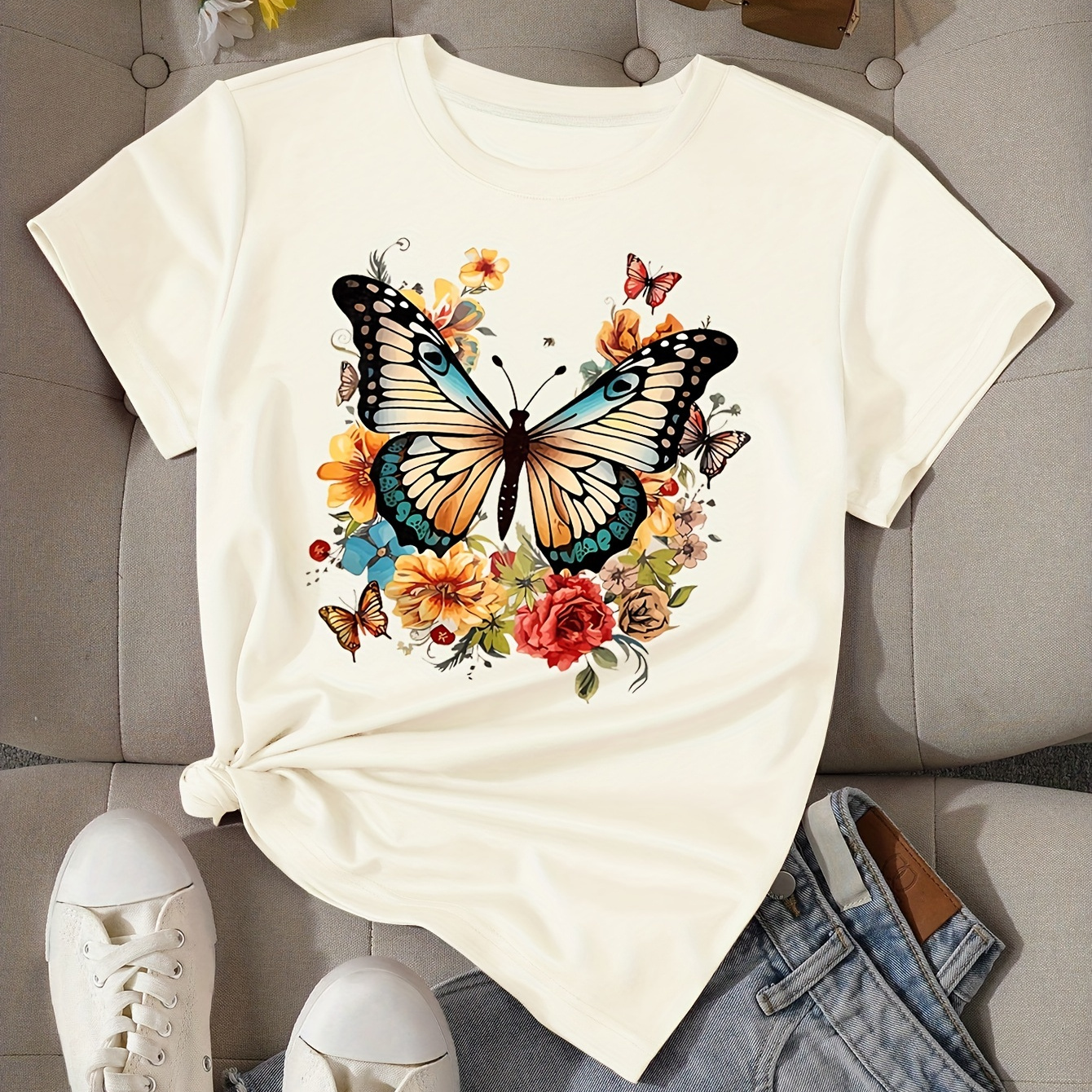 Butterfly & Floral Print T-shirt, Short Sleeve Crew Neck Casual Top For Summer & Spring, Women's Clothing
Butterfly & Floral Print T-shirt, Short Sleeve Crew Neck Casual Top For Summer & Spring, Women's Clothing
