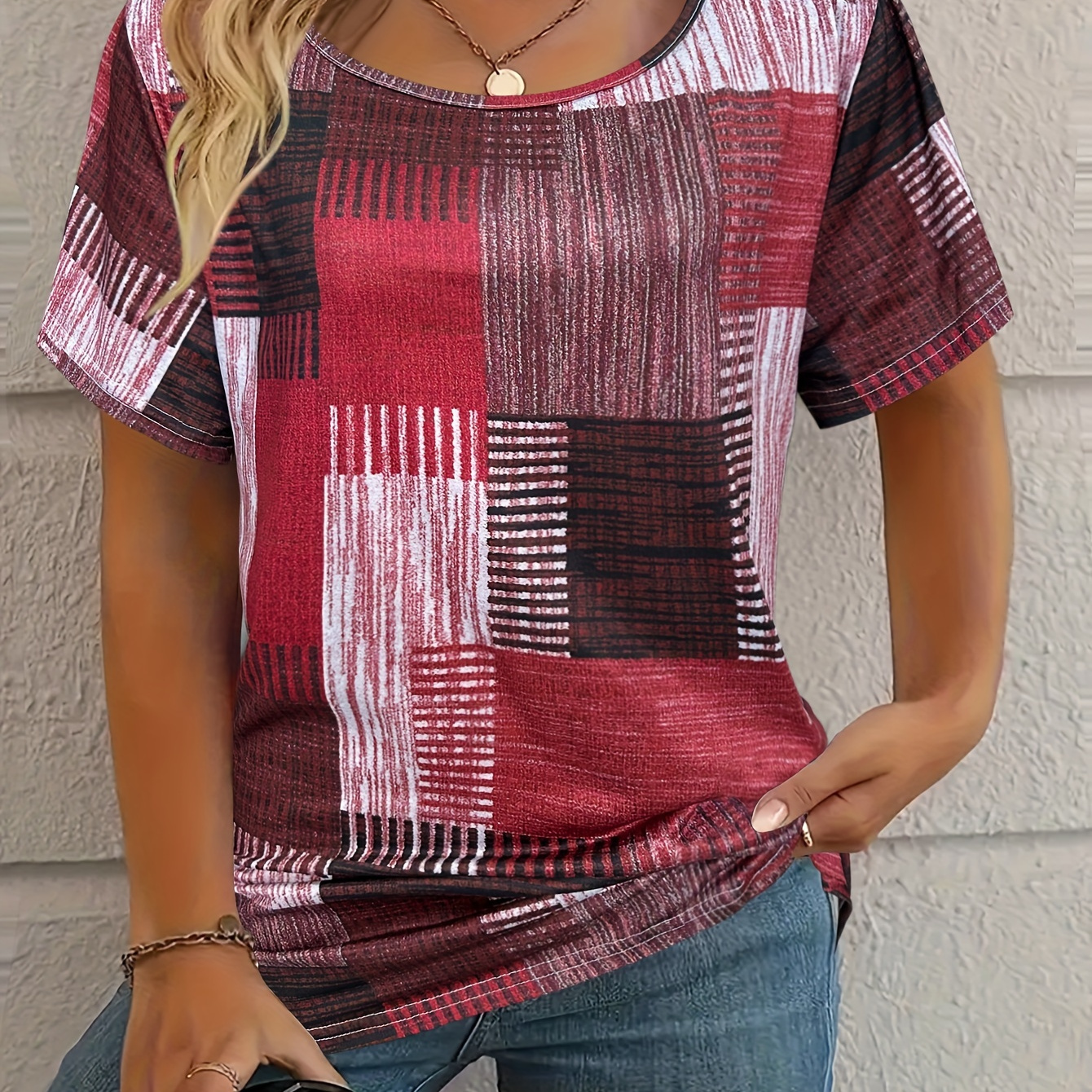 Large Size Casual Top, Women's Large Size Patchwork Print Long Sleeve Round Neck Top
Large Size Casual Top, Women's Large Size Patchwork Print Long Sleeve Round Neck Top