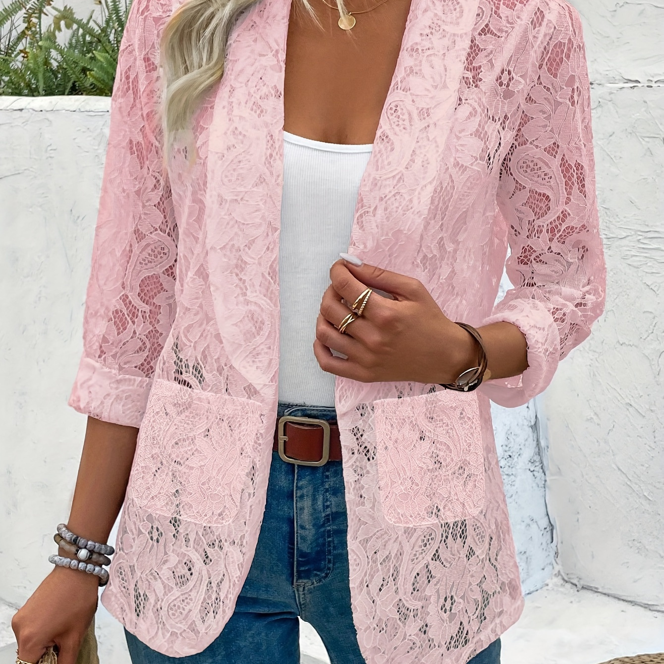 Lace Open Front Pocket Blazer, Elegant Lapel Long Sleeve Outwear For Spring & Fall, Women's Clothing
Lace Open Front Pocket Blazer, Elegant Lapel Long Sleeve Outwear For Spring & Fall, Women's Clothing