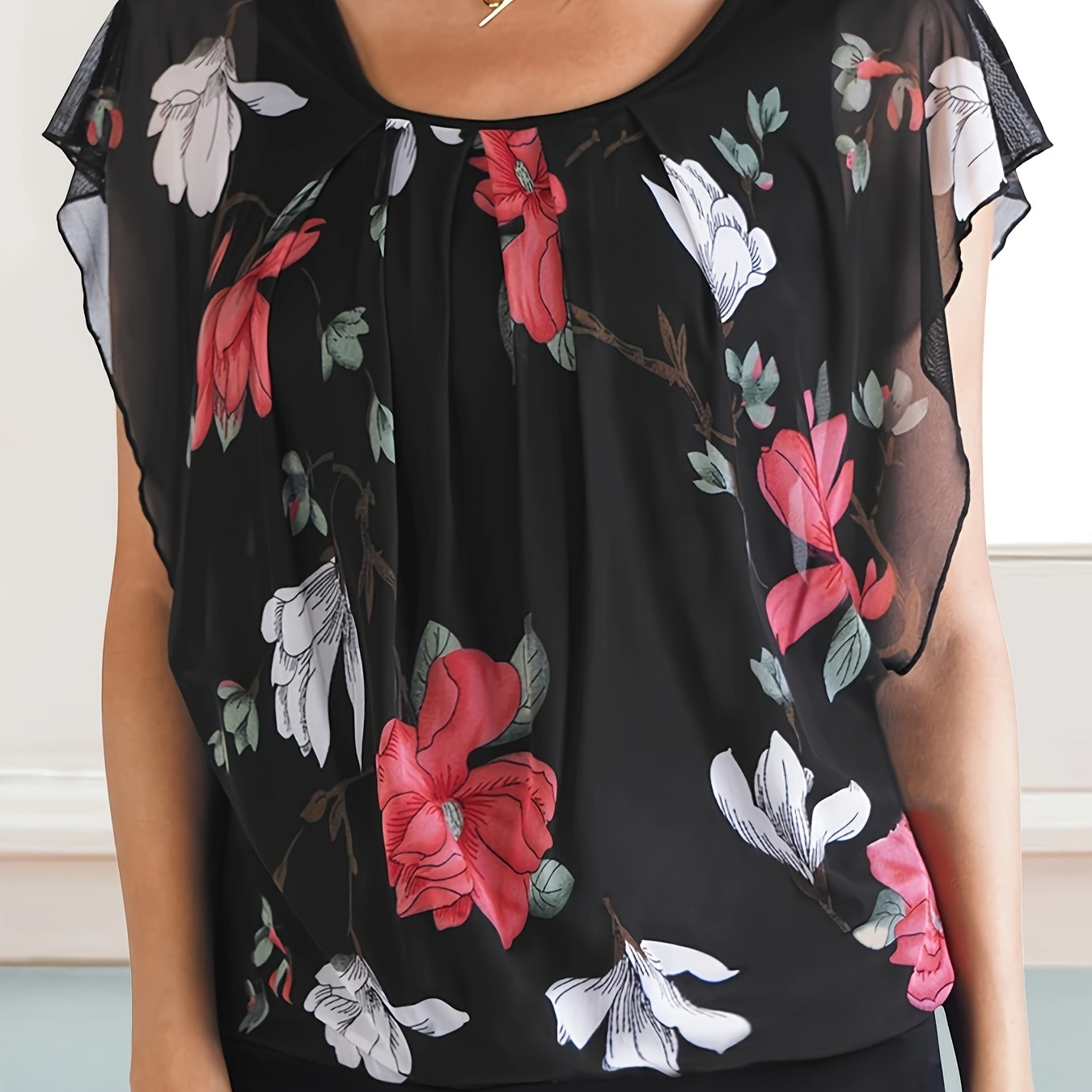 Plus Size Casual Top, Women's Plus Floral Print Cap Sleeve Round Neck Slight Stretch Top
Plus Size Casual Top, Women's Plus Floral Print Cap Sleeve Round Neck Slight Stretch Top