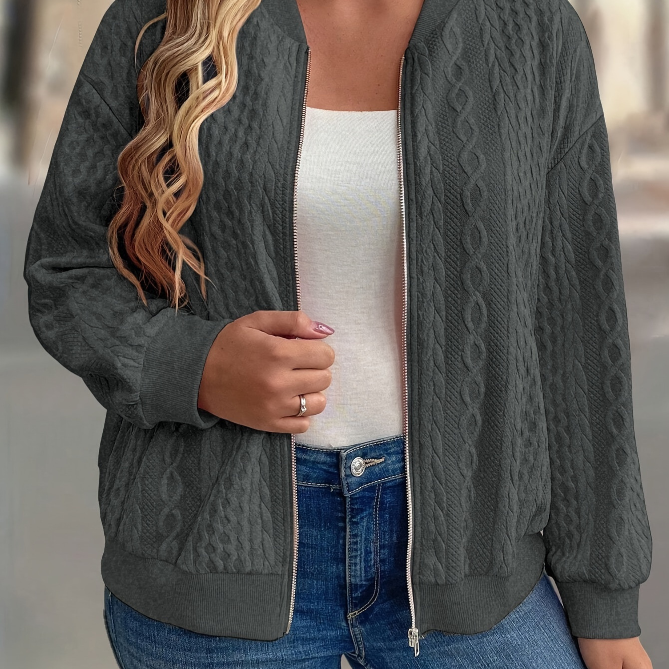 Elegant Plus Size Cable Knit Jacket For Women - Comfortable 3d Design With Polyester And Elastane Blend, Regular Fit Solid Color With Long Sleeves, Zippered Front - Versatile Outerwear For All Seasons
Elegant Plus Size Cable Knit Jacket For Women - Comfortable 3d Design With Polyester And Elastane Blend, Regular Fit Solid Color With Long Sleeves, Zippered Front - Versatile Outerwear For All Seasons