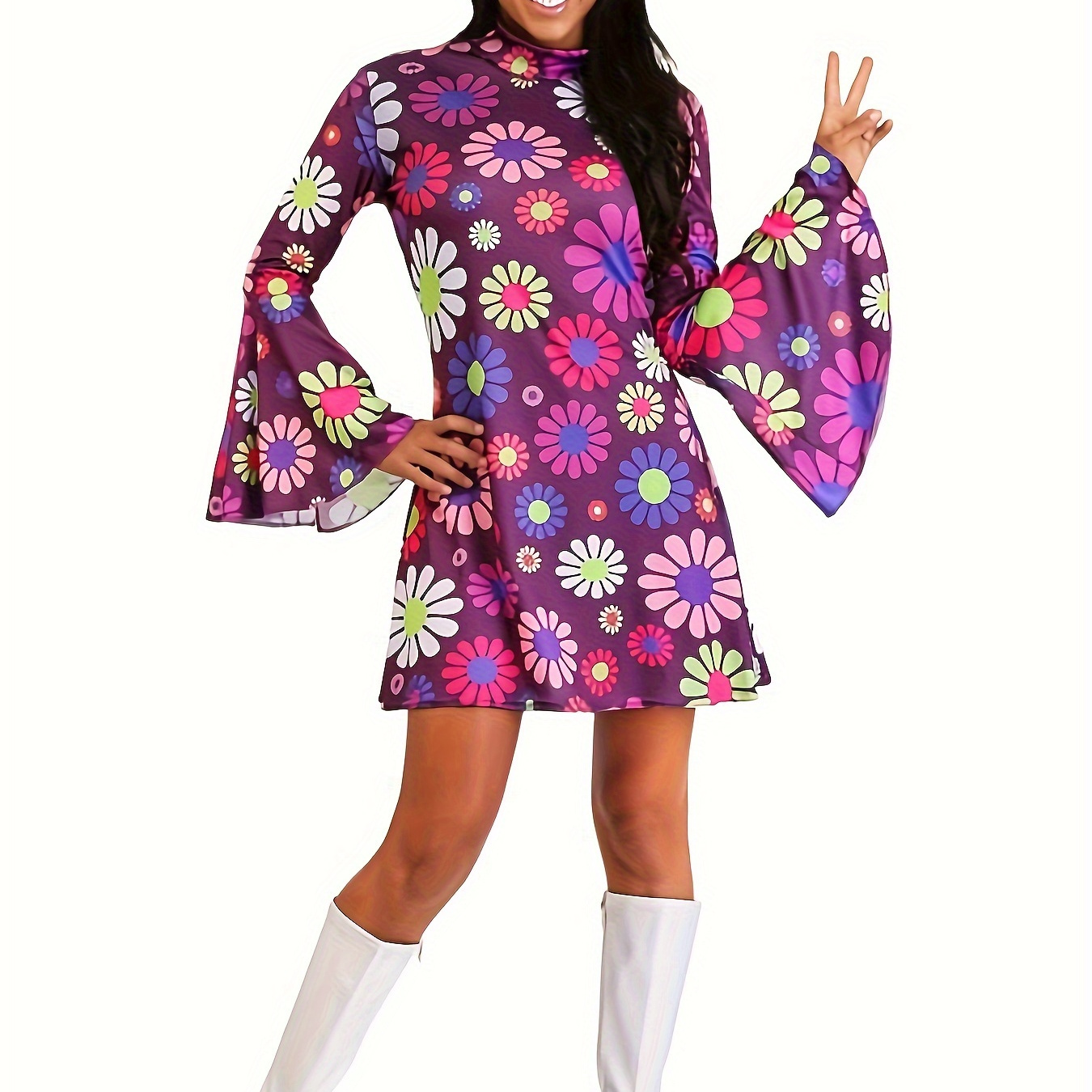 1970s Hippie Halloween Costume Dress, Vintage Floral Pattern Flared Long Sleeve Carnival Costume, Women's Clothing
1970s Hippie Halloween Costume Dress, Vintage Floral Pattern Flared Long Sleeve Carnival Costume, Women's Clothing