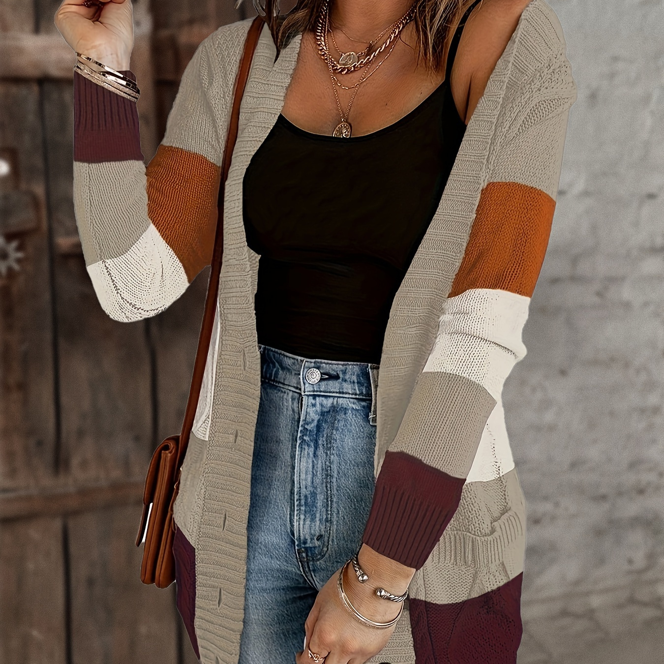 Color Block Button Down Cable Knit Cardigan, Casual Long Sleeve Pocket Sweater, Women's Clothing
Color Block Button Down Cable Knit Cardigan, Casual Long Sleeve Pocket Sweater, Women's Clothing
