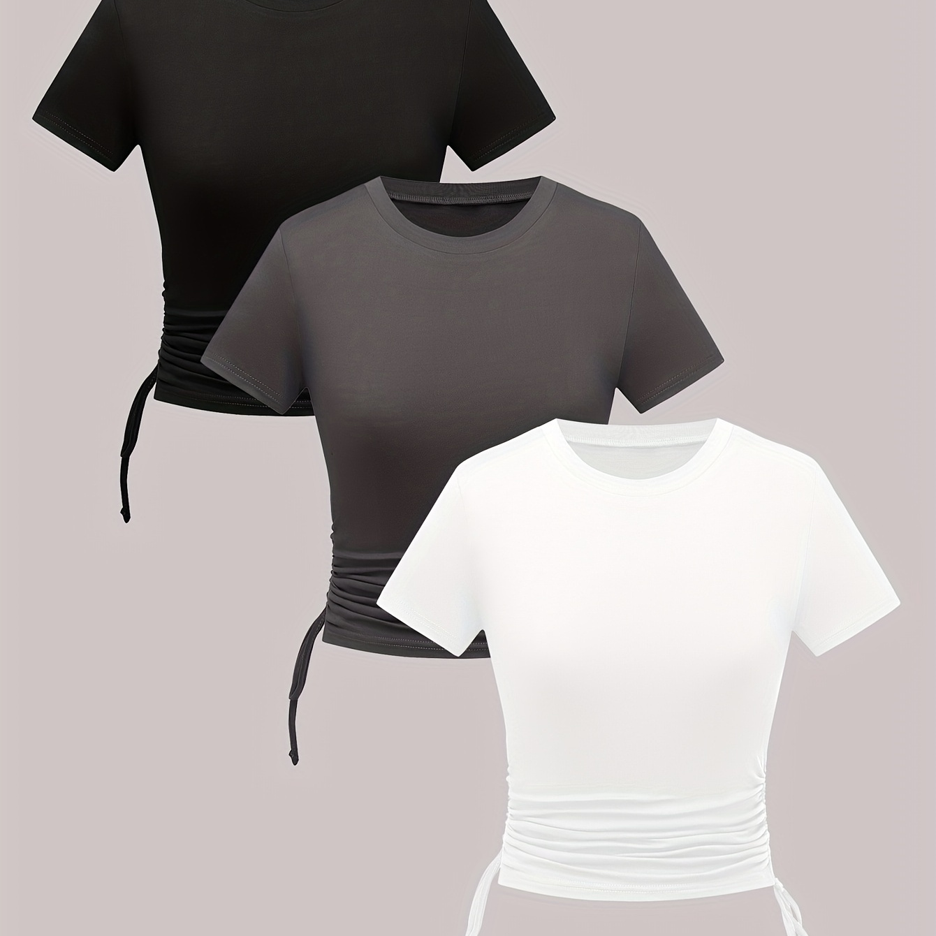 3 Pack Solid Color Drawstring Ruched T-shirt, Casual Short Sleeve T-shirt For Spring & Summer, Women's Clothing
3 Pack Solid Color Drawstring Ruched T-shirt, Casual Short Sleeve T-shirt For Spring & Summer, Women's Clothing